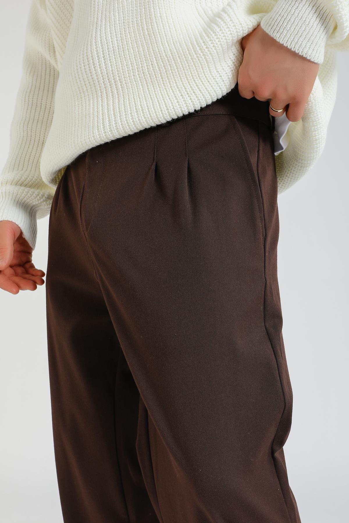 Kahve Kumaş Pileli Baggy Pantolon P1128