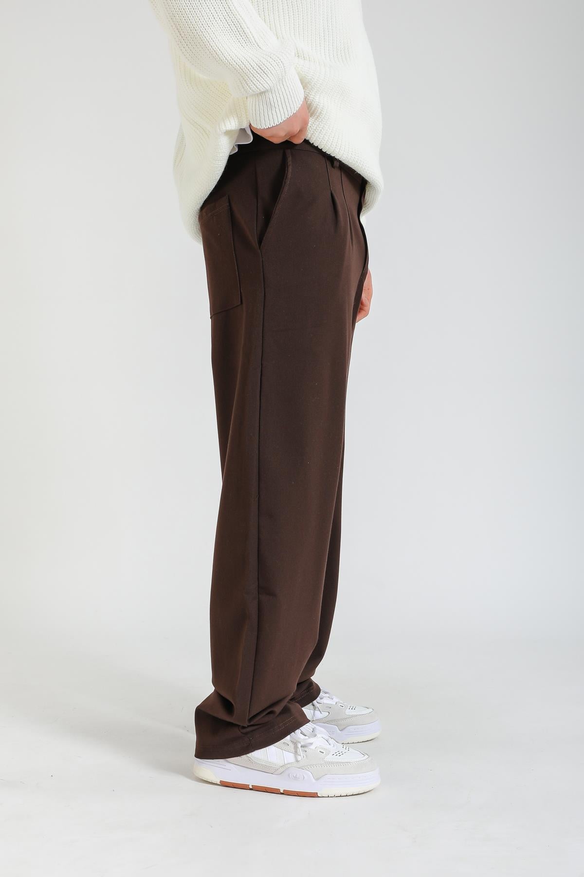 Kahve Kumaş Pileli Baggy Pantolon P1128