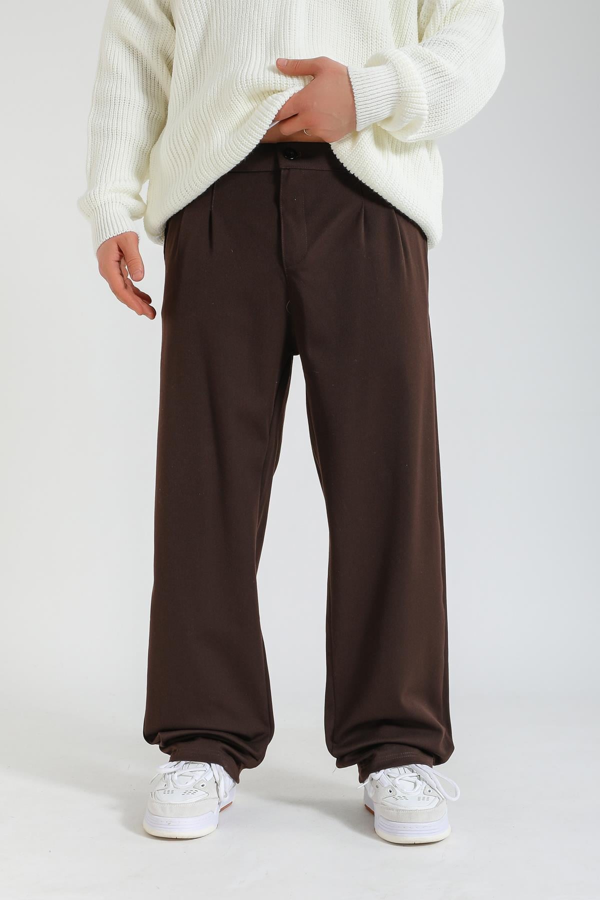 Kahve Kumaş Pileli Baggy Pantolon P1128
