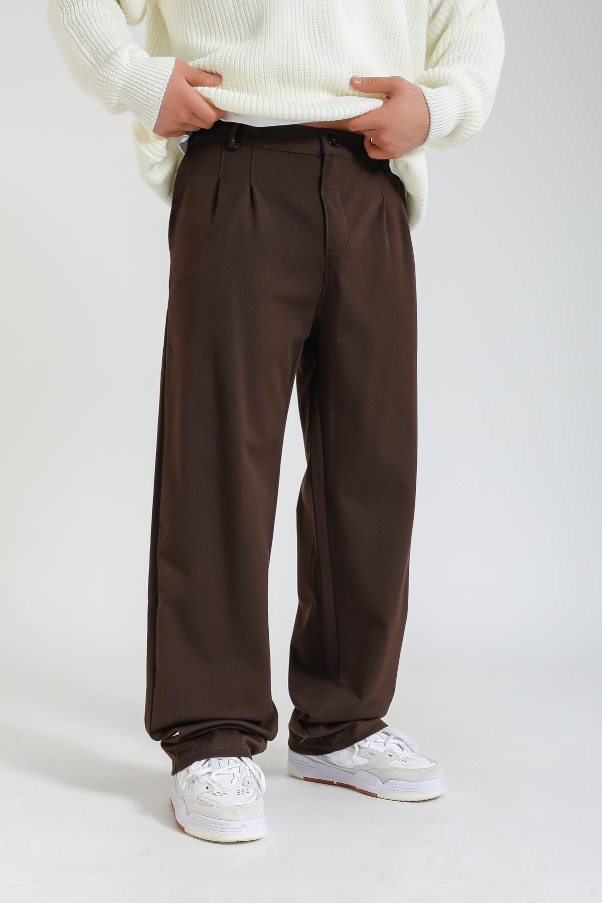 Kahve Kumaş Pileli Baggy Pantolon P1128