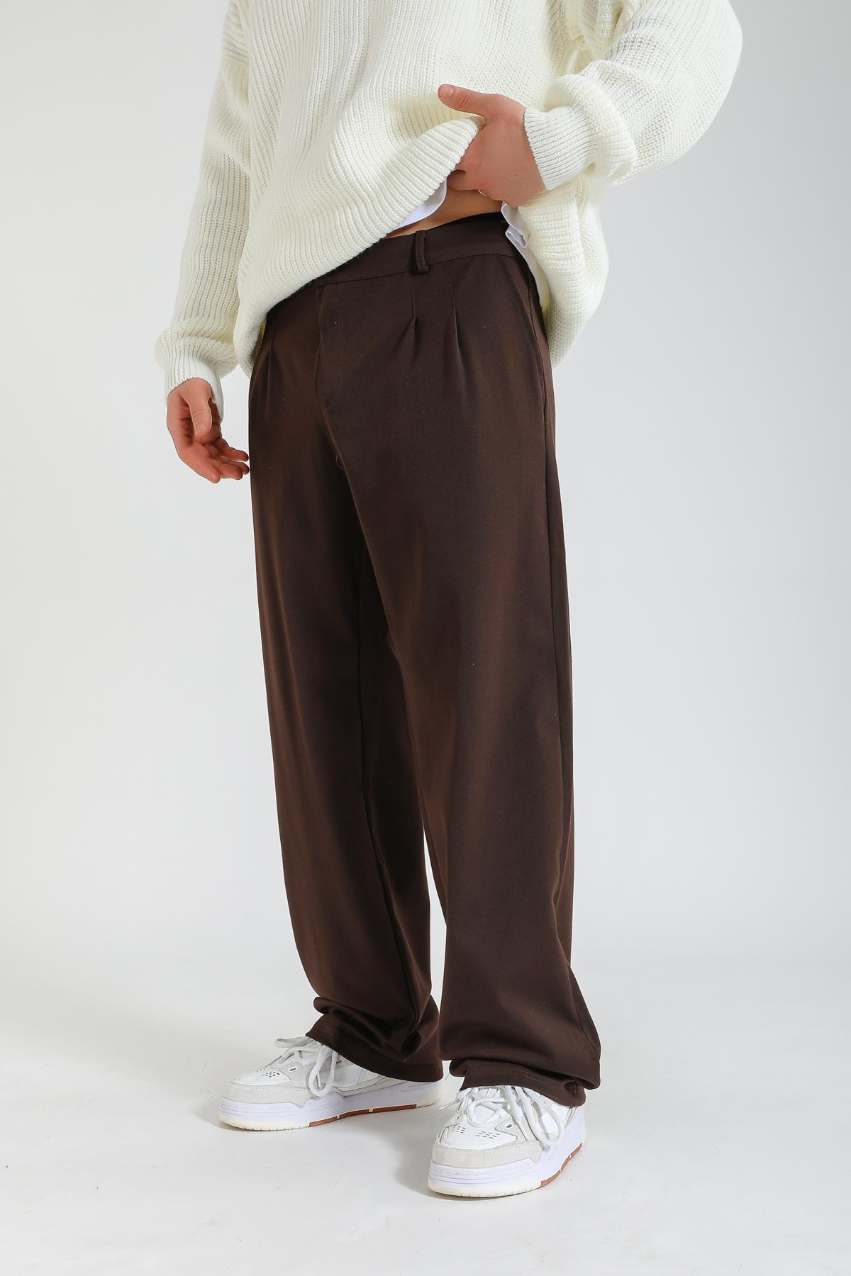 Kahve Kumaş Pileli Baggy Pantolon P1128
