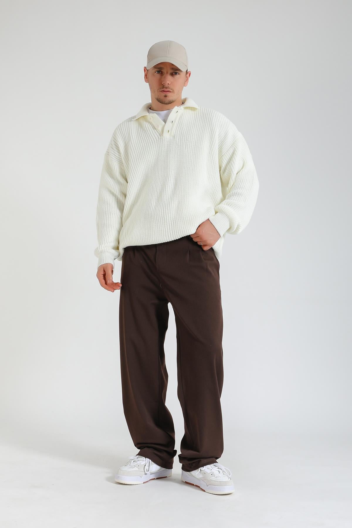 Kahve Kumaş Pileli Baggy Pantolon P1128
