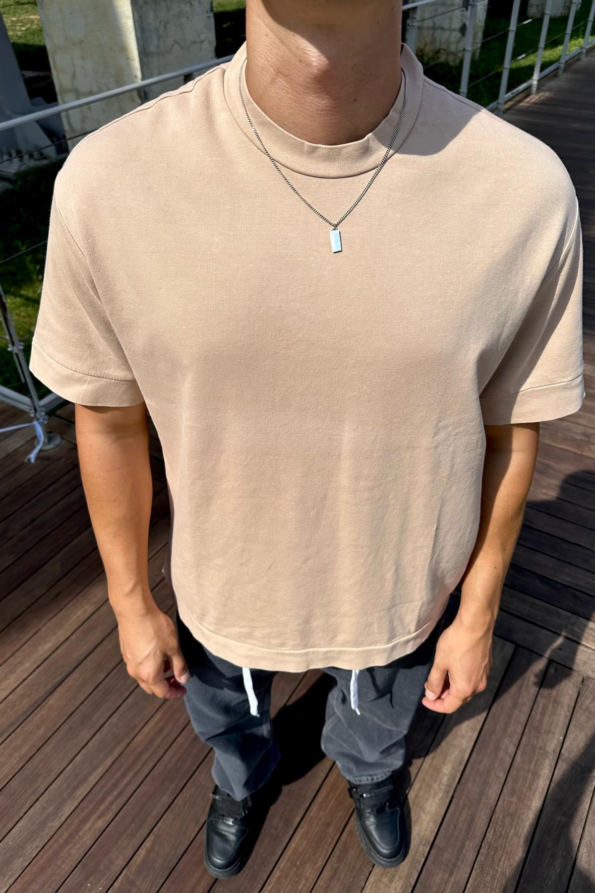 Kahve Oversize Biye Detay Basic Tshirt T1173