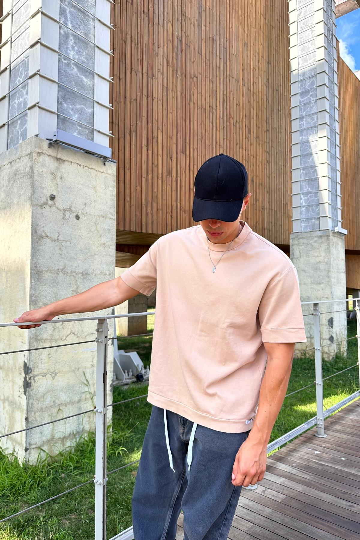 Kahve Oversize Biye Detay Basic Tshirt T1173