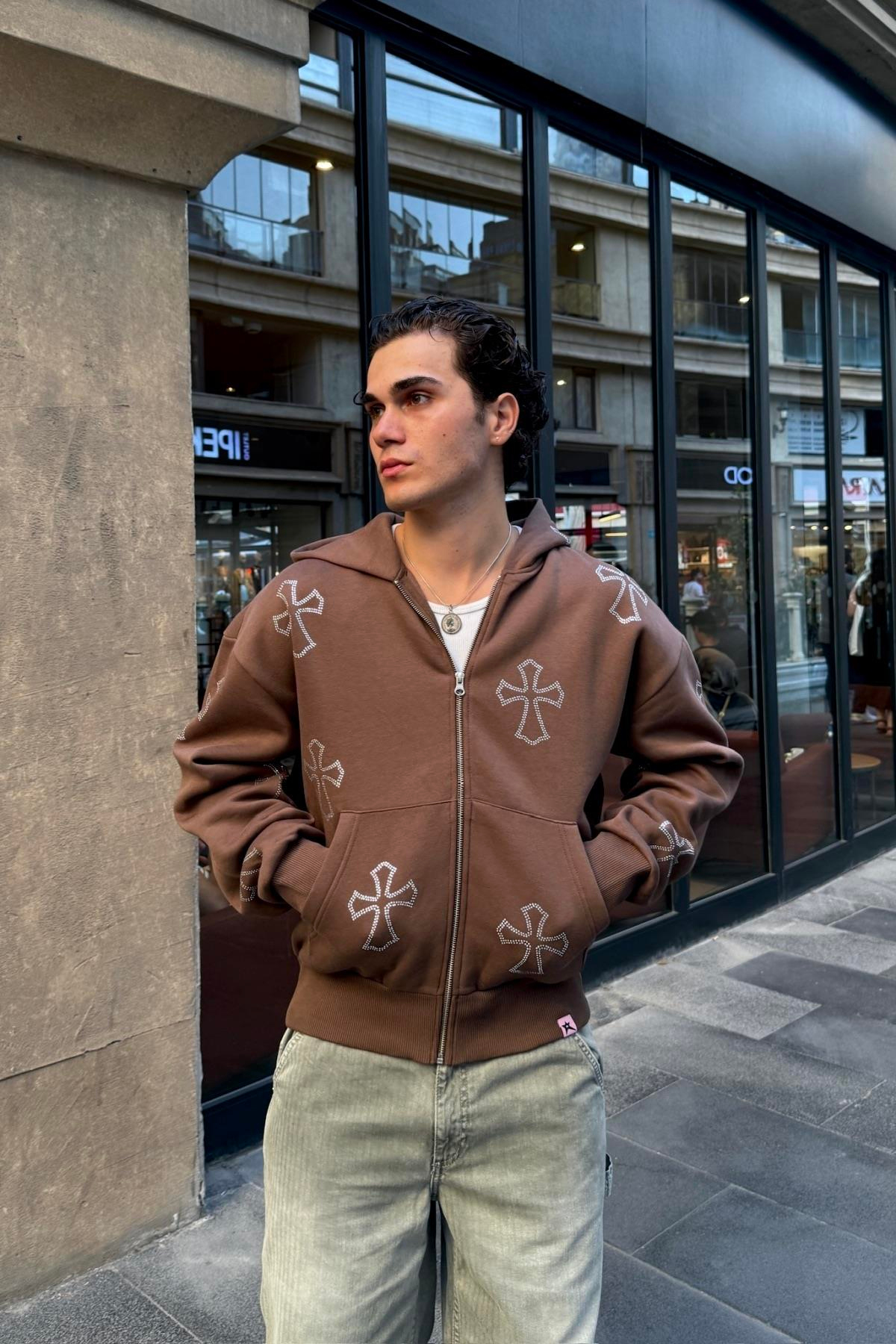 Kahve Taş Baskılı Oversize Zipper Hoodie