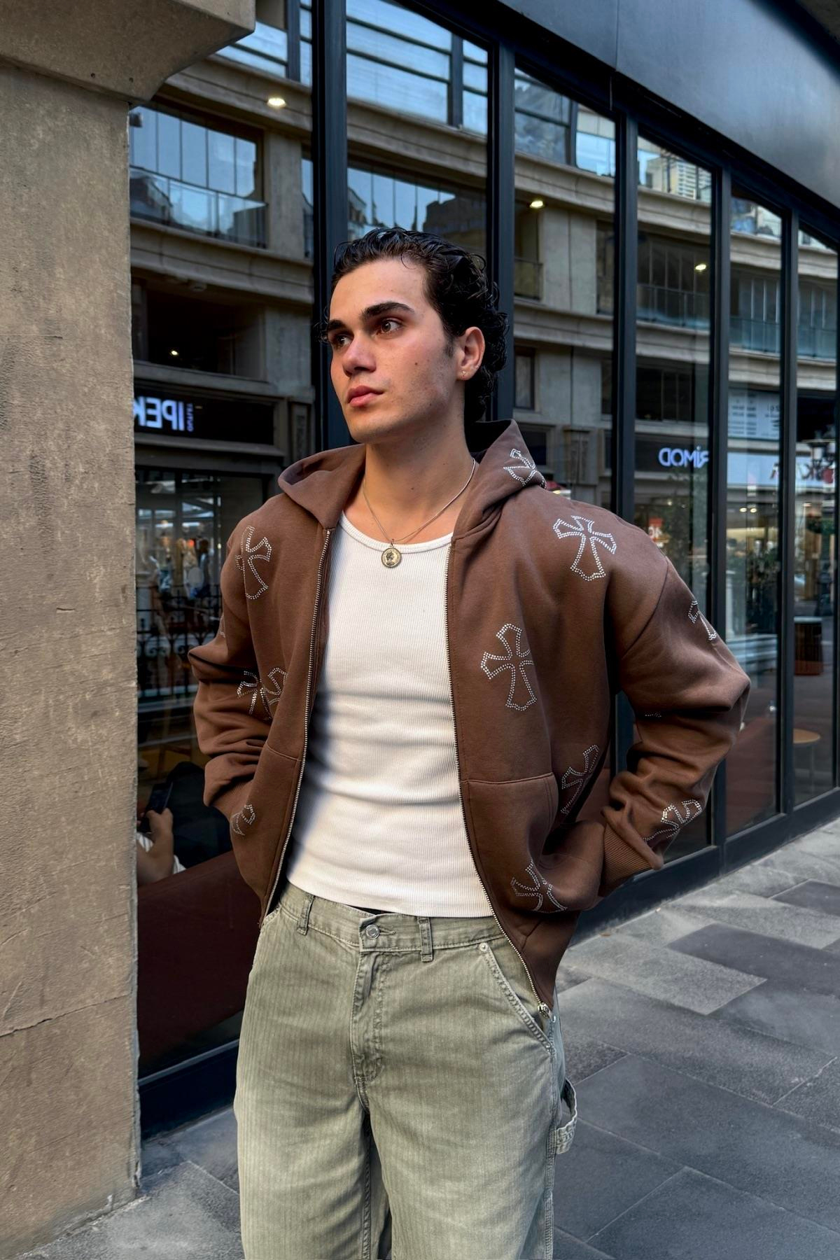 Kahve Taş Baskılı Oversize Zipper Hoodie