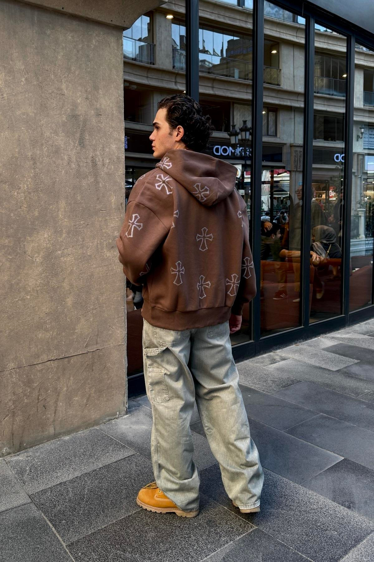 Kahve Taş Baskılı Oversize Zipper Hoodie