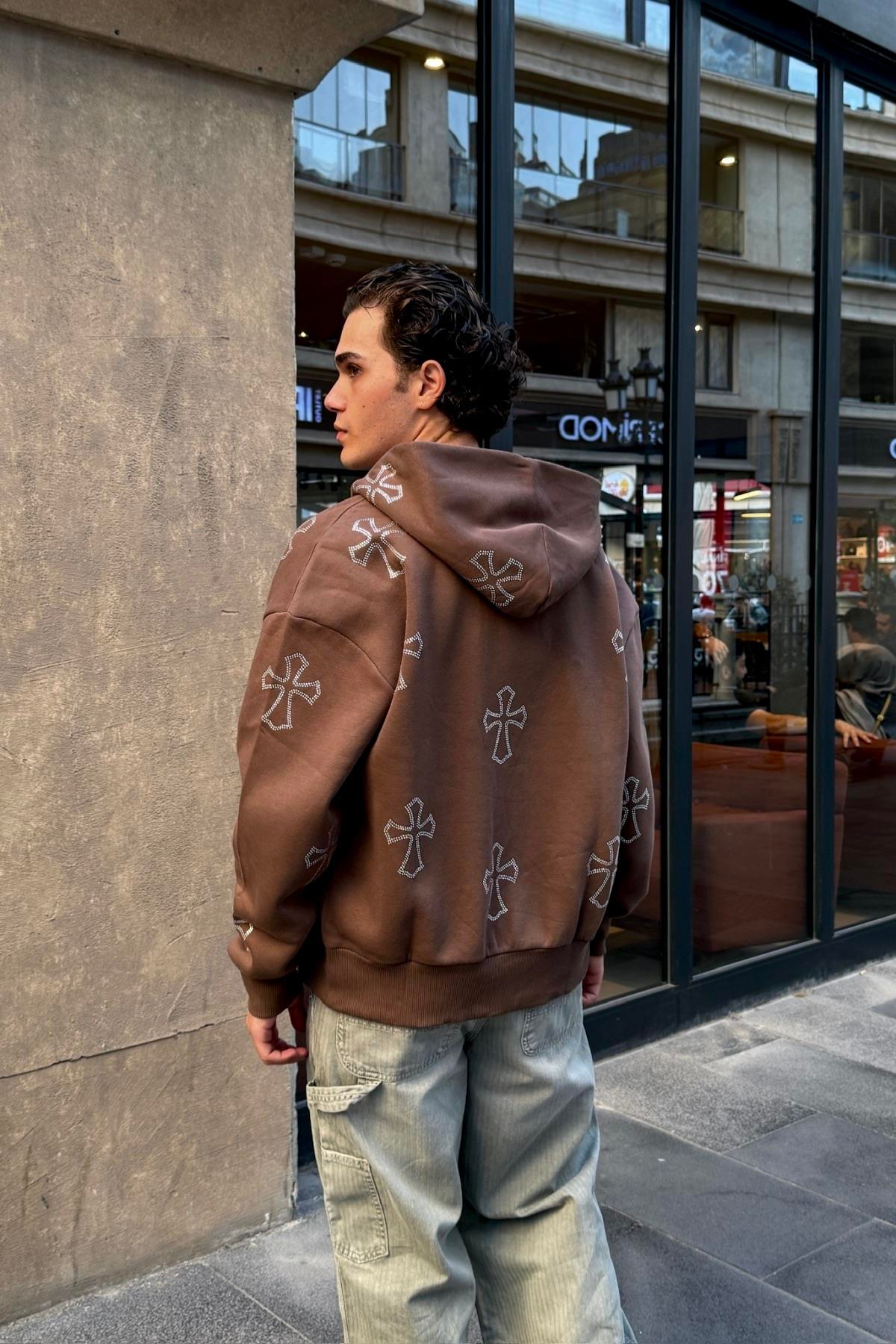 Kahve Taş Baskılı Oversize Zipper Hoodie