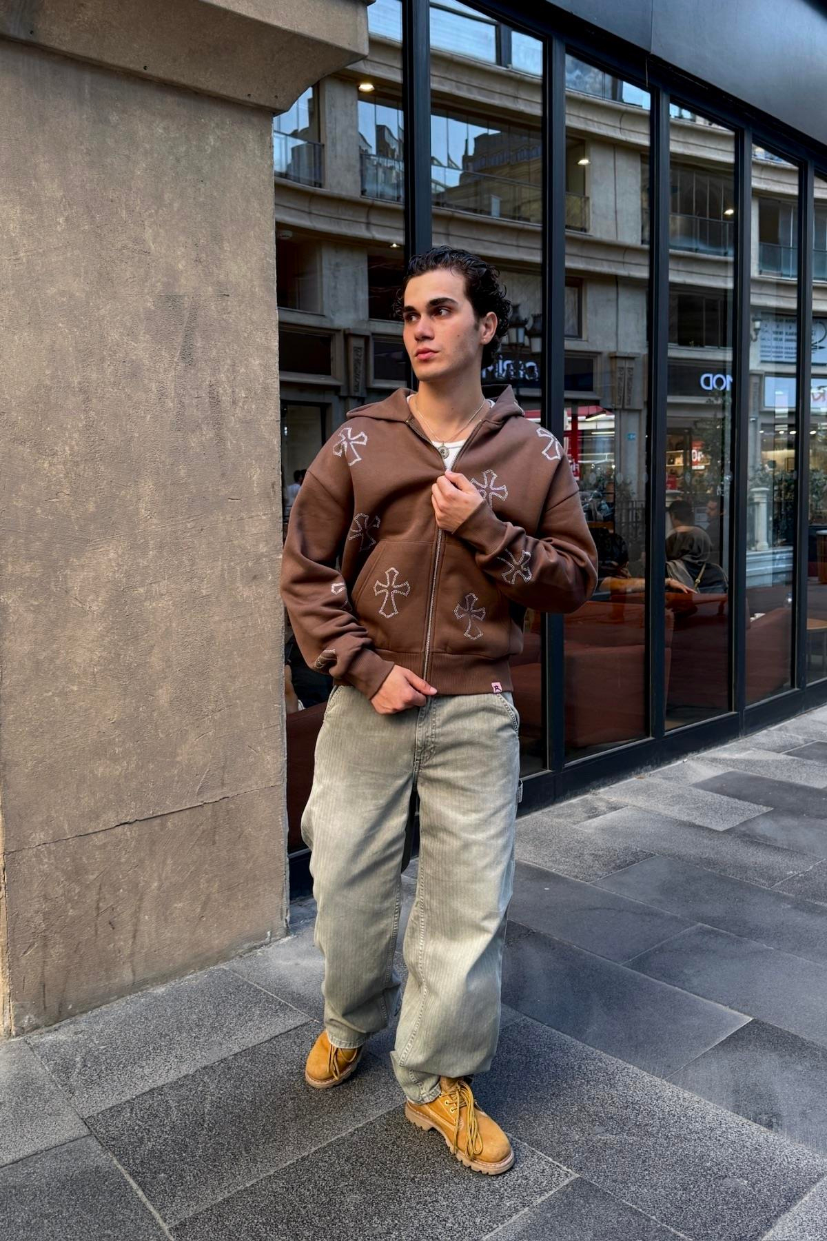 Kahve Taş Baskılı Oversize Zipper Hoodie