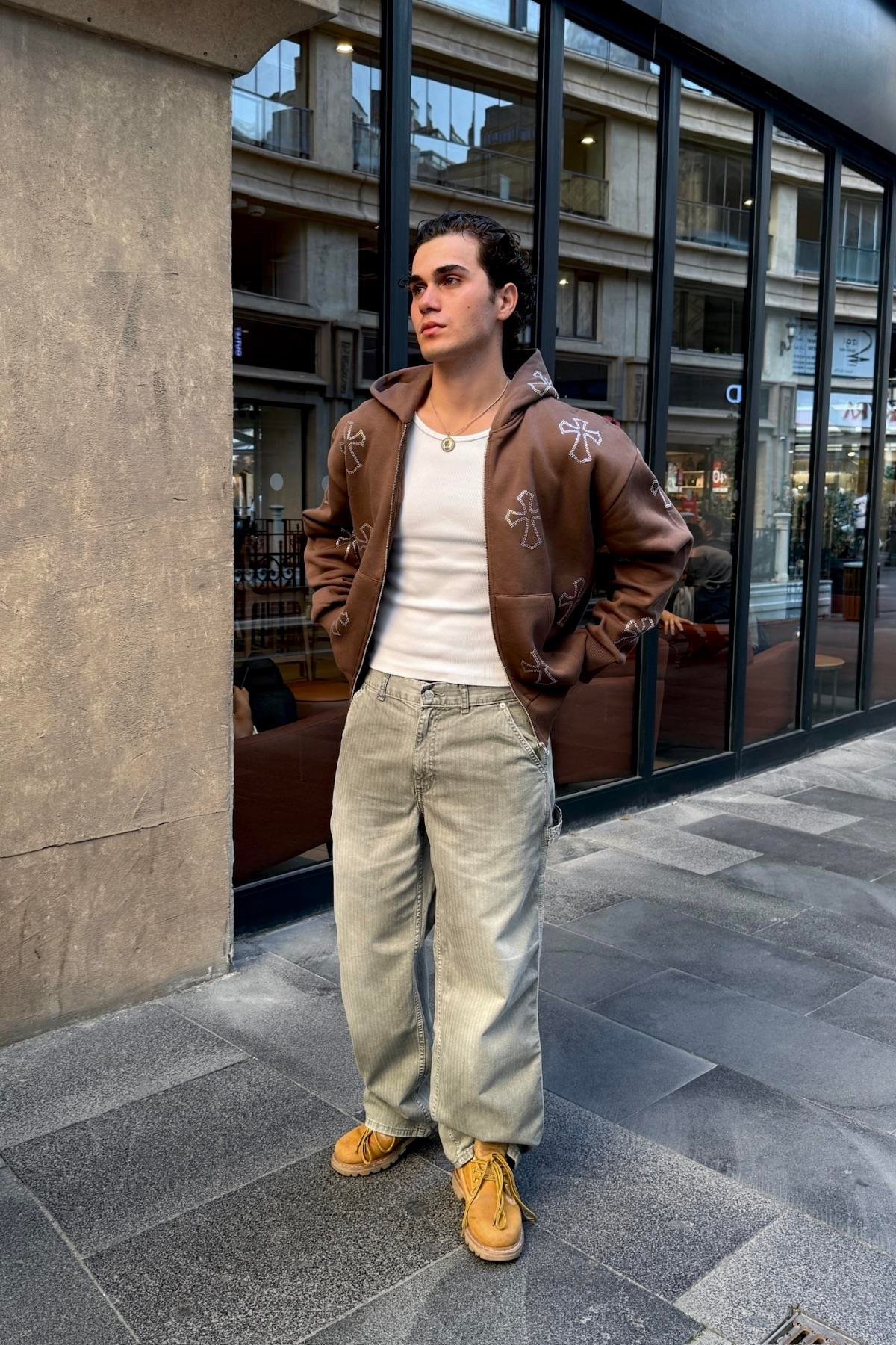 Kahve Taş Baskılı Oversize Zipper Hoodie