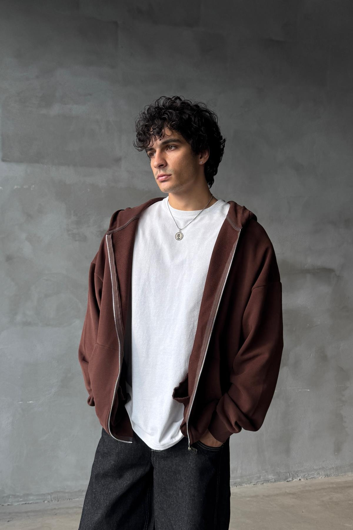 Kahverengi Yumuşak Dokulu Oversize Zipper Sweatshirt SR01