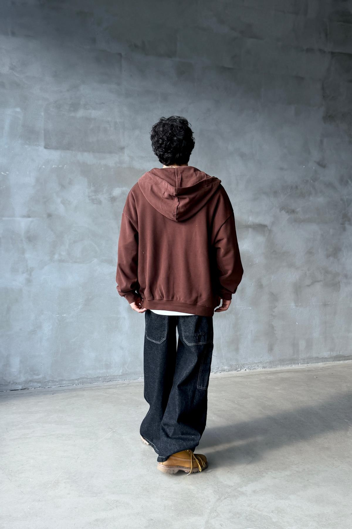 Kahverengi Yumuşak Dokulu Oversize Zipper Sweatshirt SR01