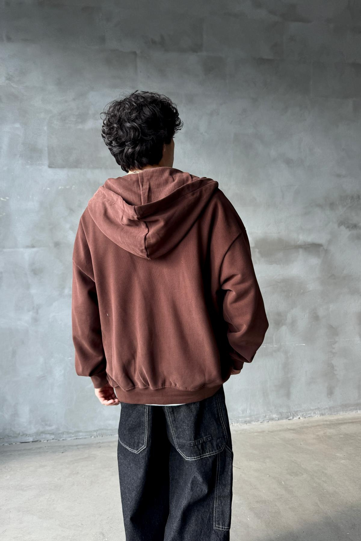 Kahverengi Yumuşak Dokulu Oversize Zipper Sweatshirt SR01
