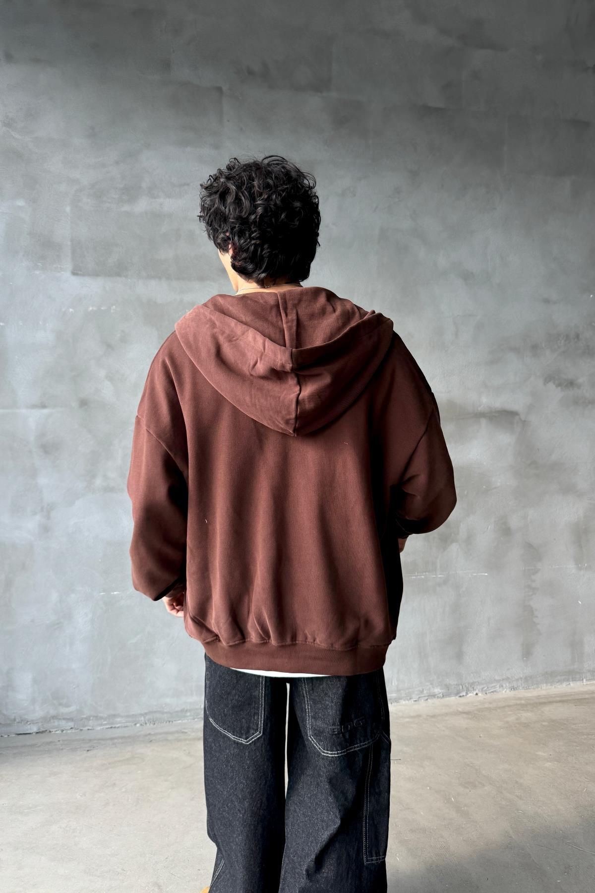 Kahverengi Yumuşak Dokulu Oversize Zipper Sweatshirt SR01