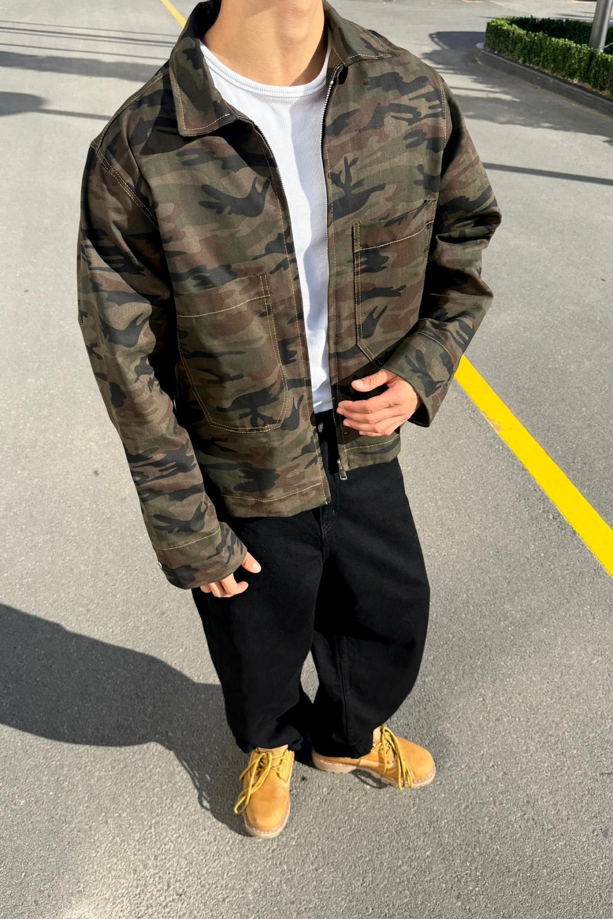 Kamuflaj Desenli Oversize Boxy Fit Mevsimlik Ceket KN01