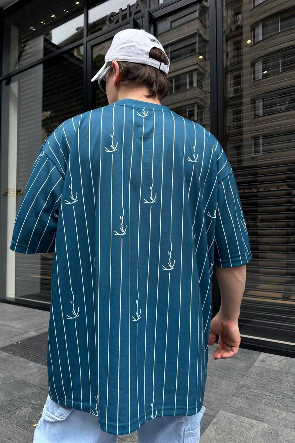 Kani Çizgili Mavi Oversize Tshirt T693