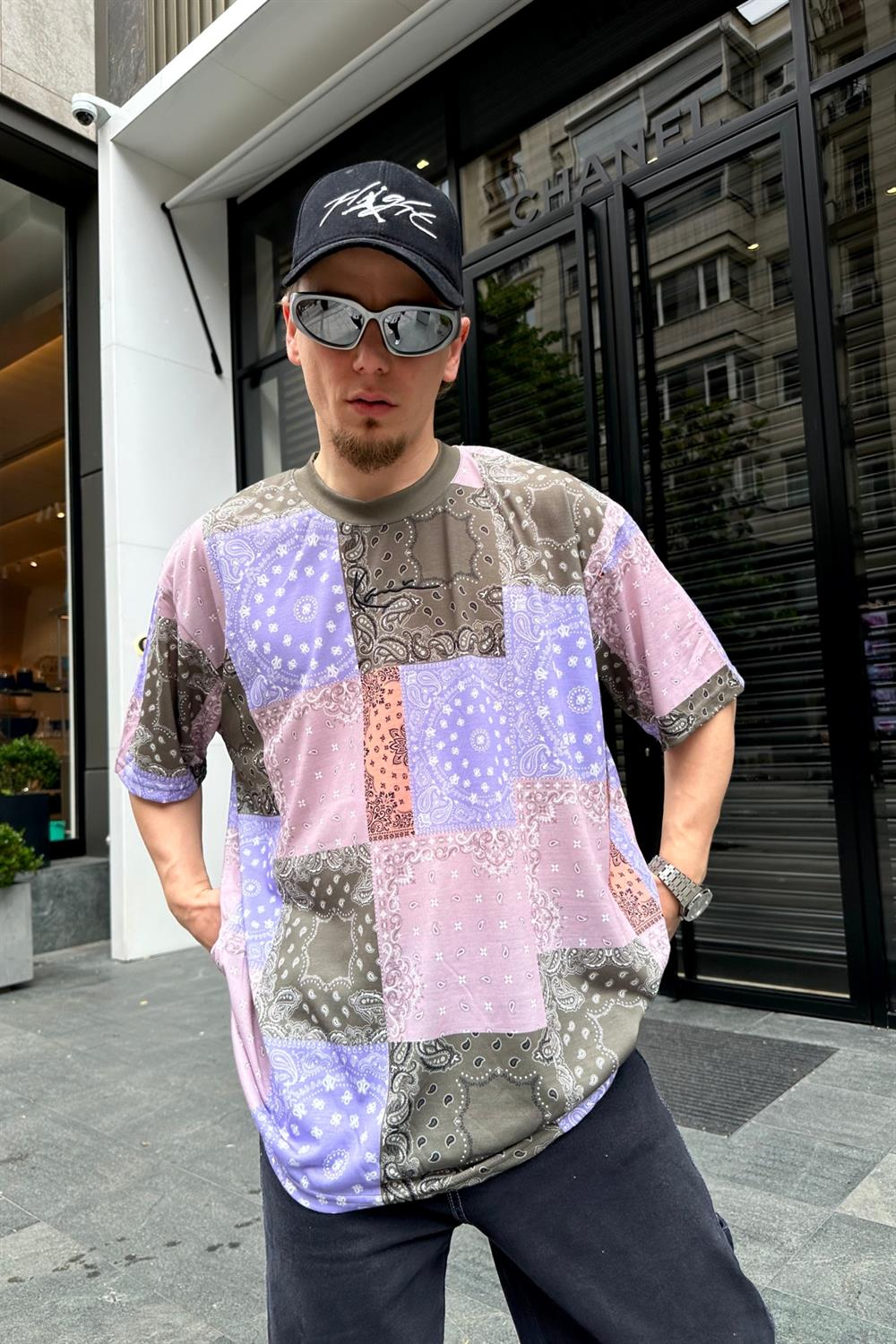 Kani Nakışlı Renkli Bandana Desen Oversize Tshirt T695