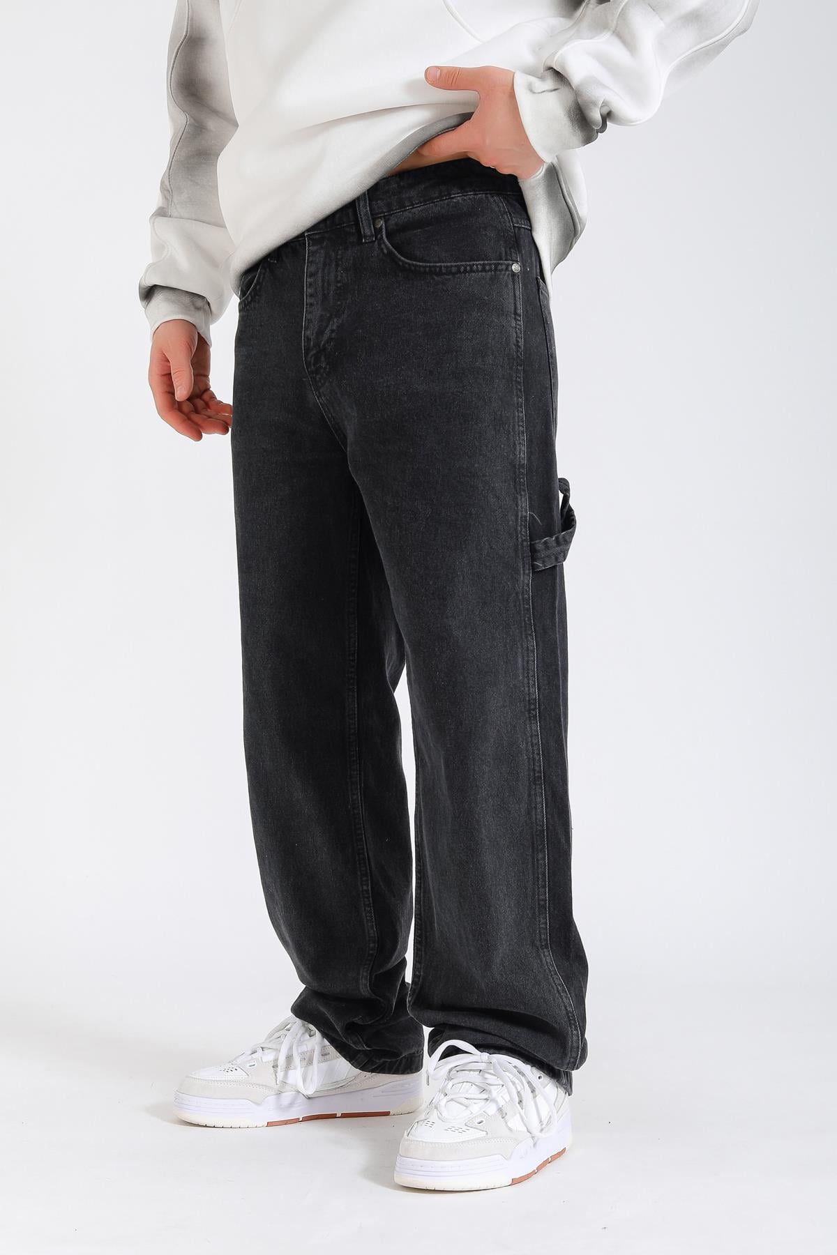 Kani Nakışlı Siyah Retro Baggy Jean Pantolon P1132