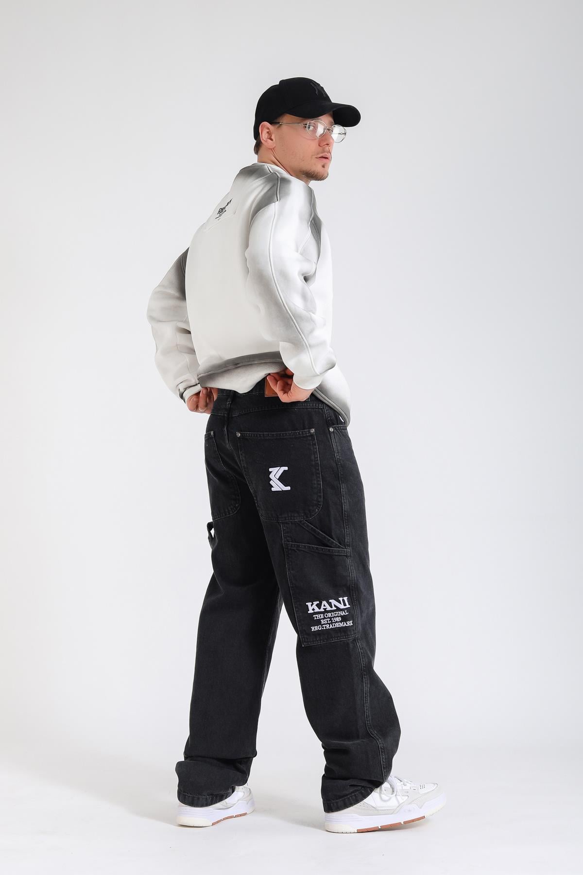 Kani Nakışlı Siyah Retro Baggy Jean Pantolon P1132