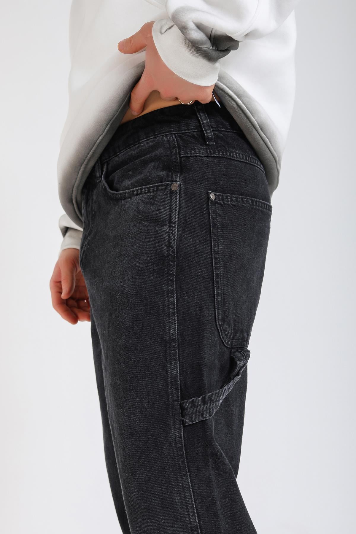 Kani Nakışlı Siyah Retro Baggy Jean Pantolon P1132