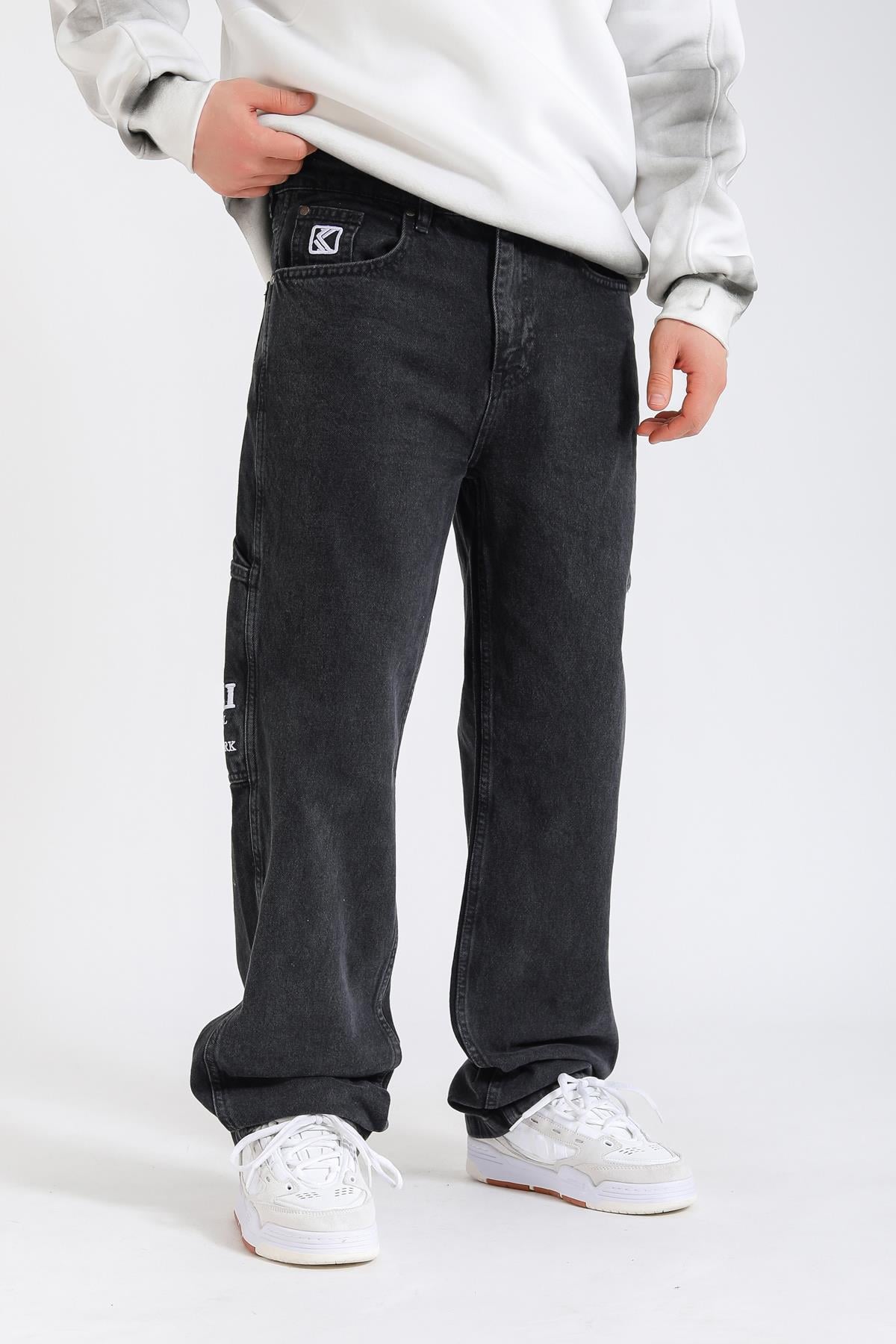 Kani Nakışlı Siyah Retro Baggy Jean Pantolon P1132