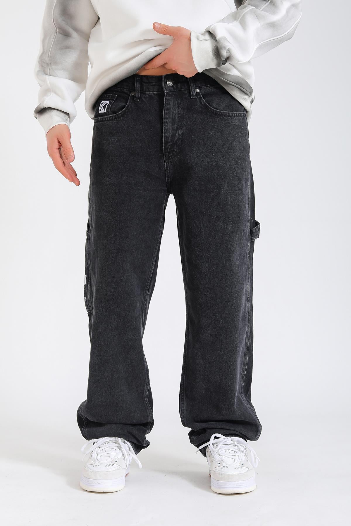 Kani Nakışlı Siyah Retro Baggy Jean Pantolon P1132