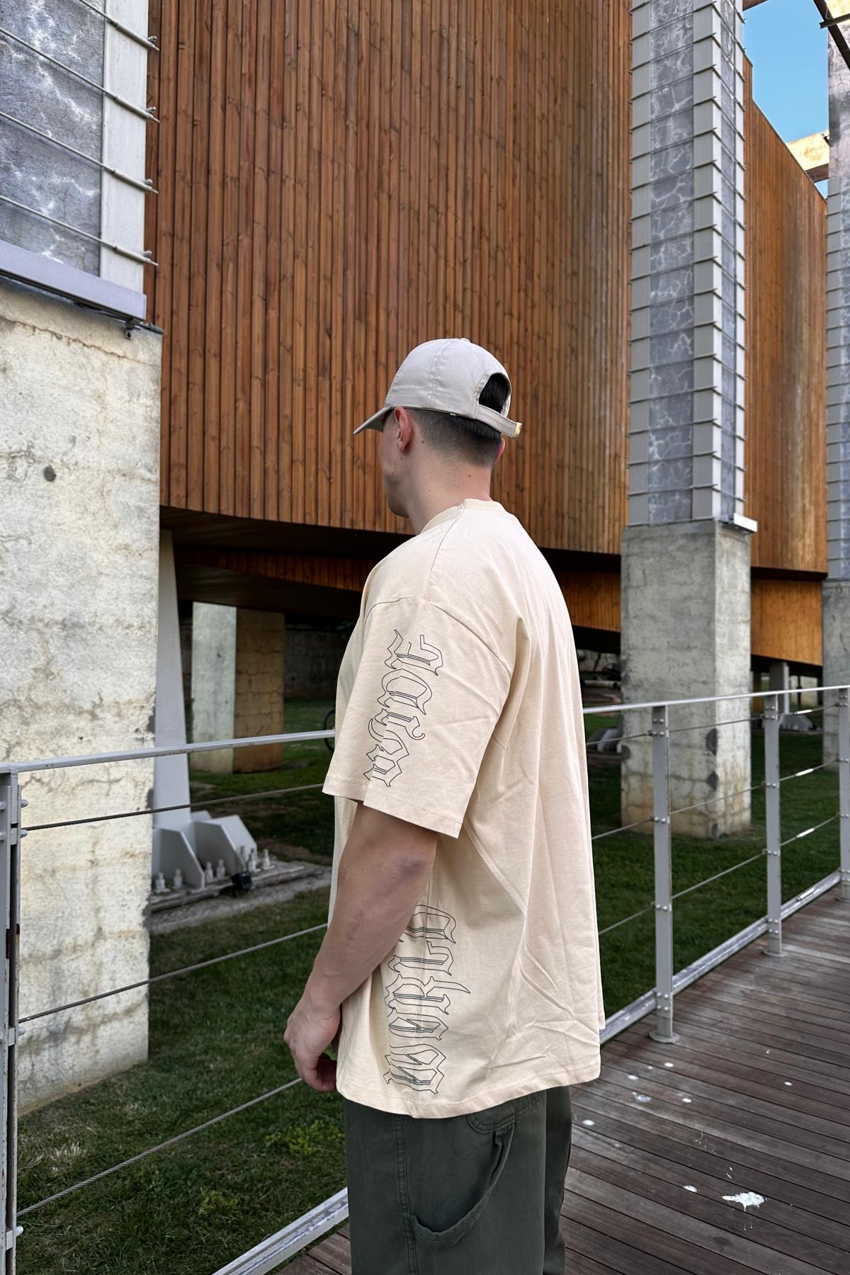Kol Baskılı Krem Oversize Tshirt T1056