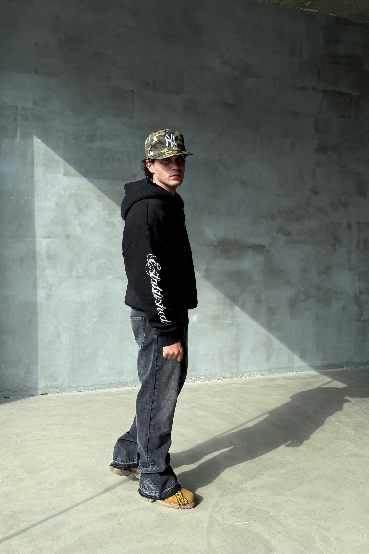 Kol Baskılı Siyah Oversize Zipper Sweatshirt SR01