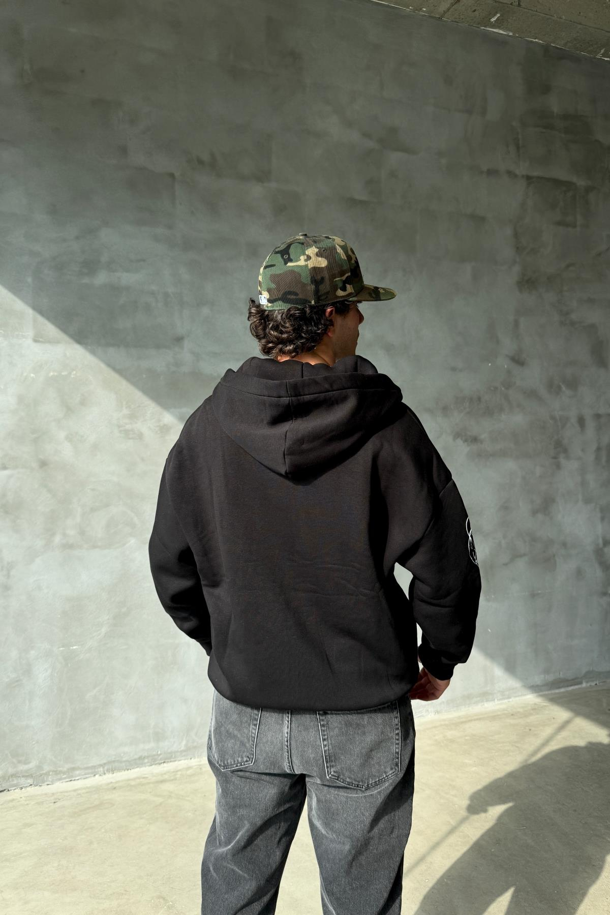 Kol Baskılı Siyah Oversize Zipper Sweatshirt SR01