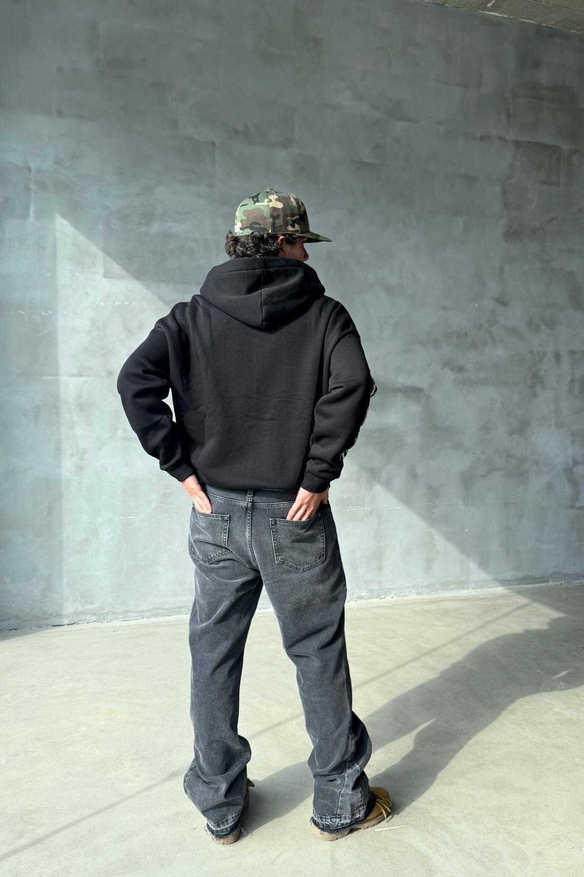 Kol Baskılı Siyah Oversize Zipper Sweatshirt SR01
