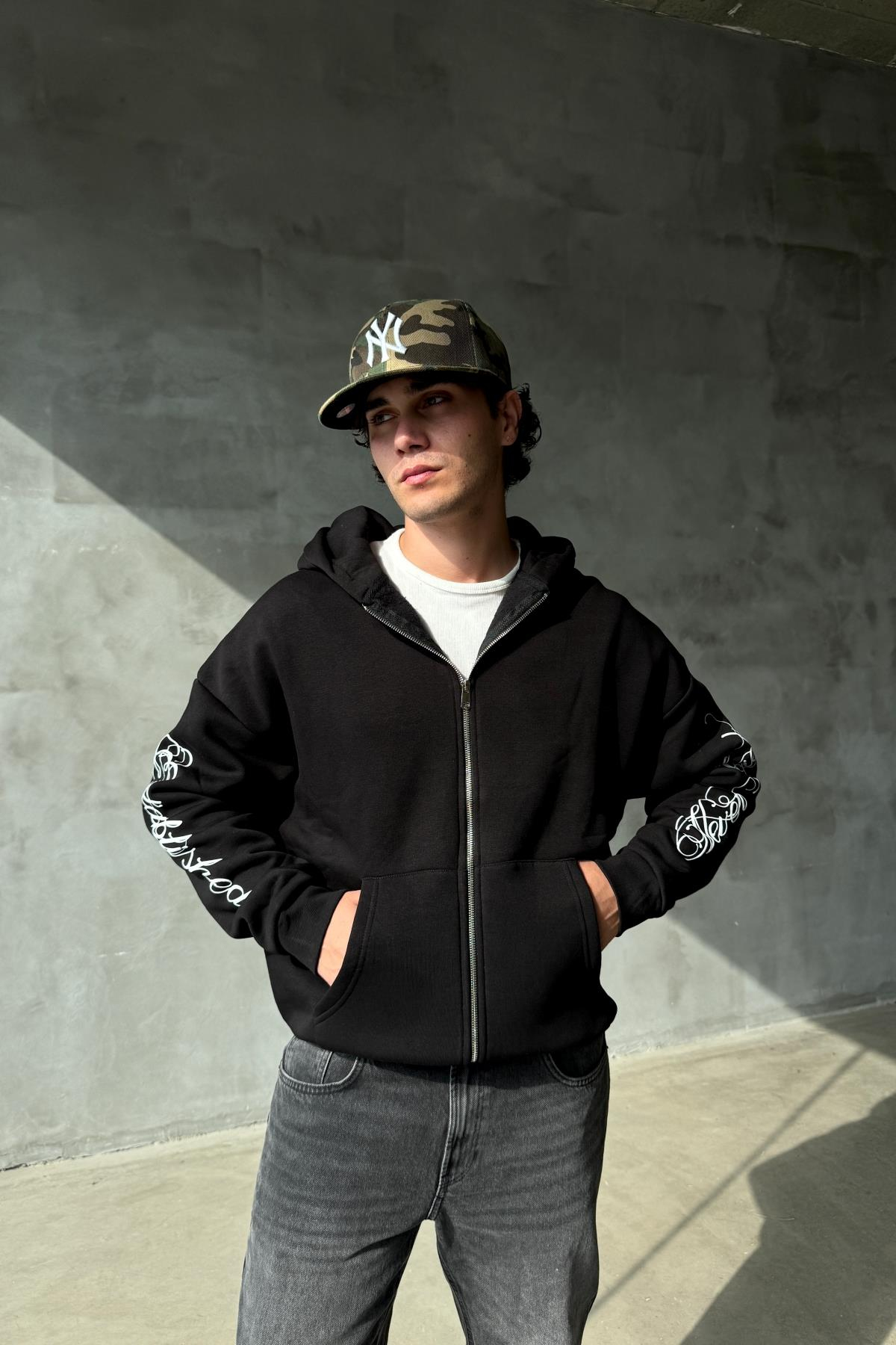 Kol Baskılı Siyah Oversize Zipper Sweatshirt SR01