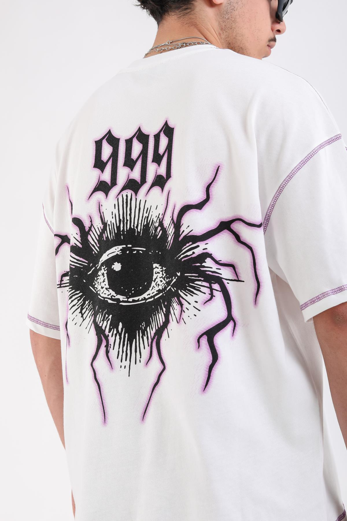 Kontrast Dikiş Baskılı Krem 999 Oversize Tshirt