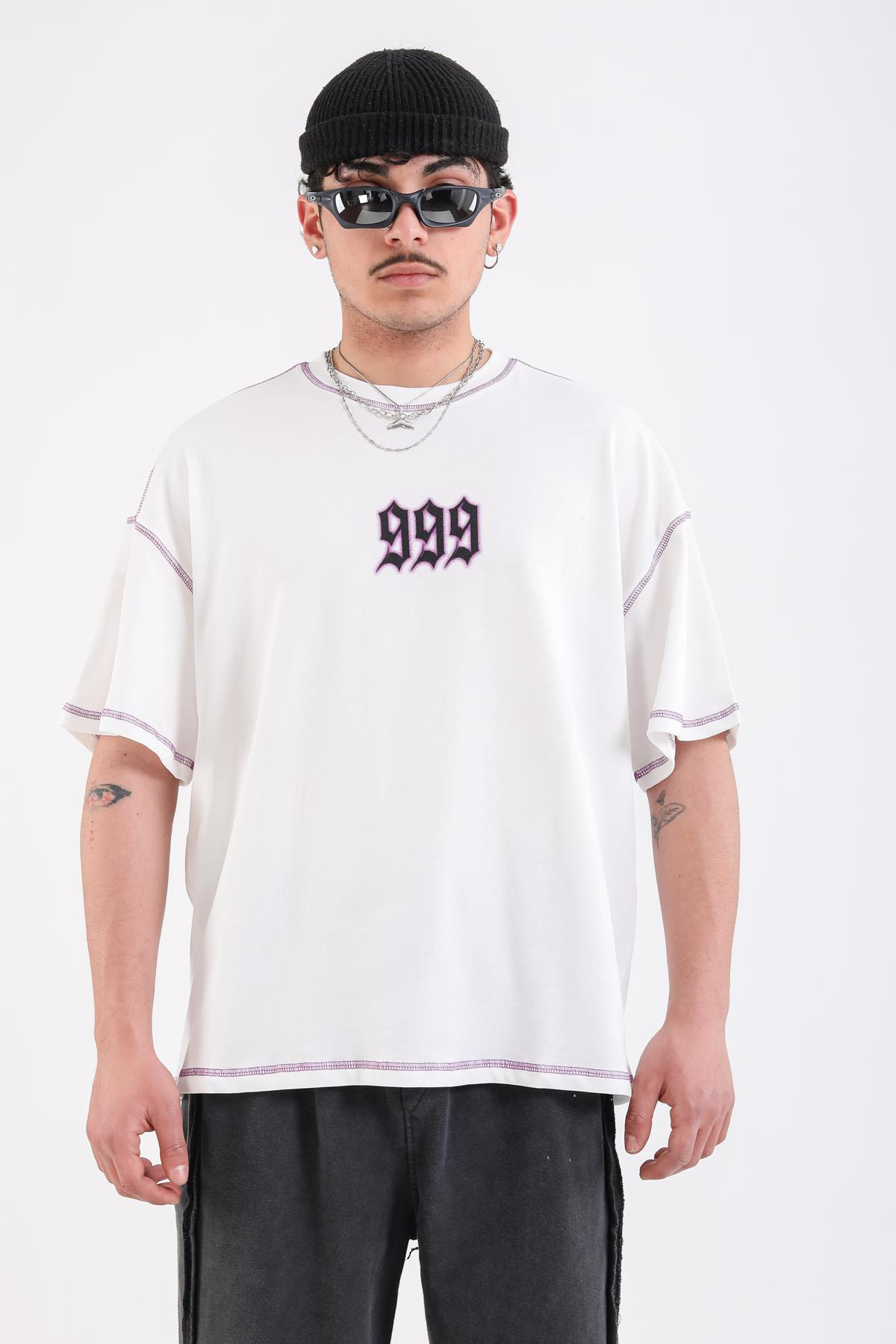 Kontrast Dikiş Baskılı Krem 999 Oversize Tshirt