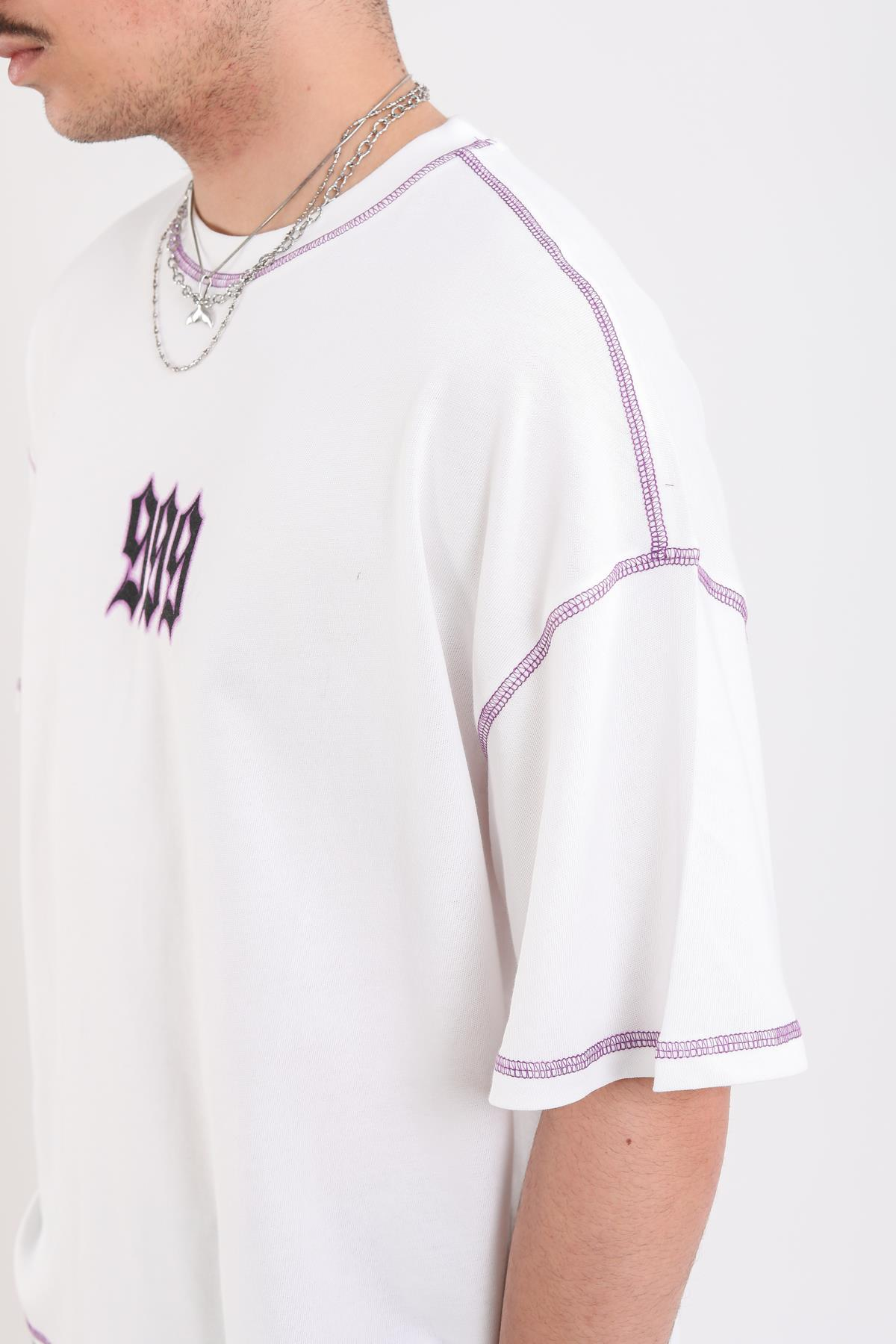 Kontrast Dikiş Baskılı Krem 999 Oversize Tshirt