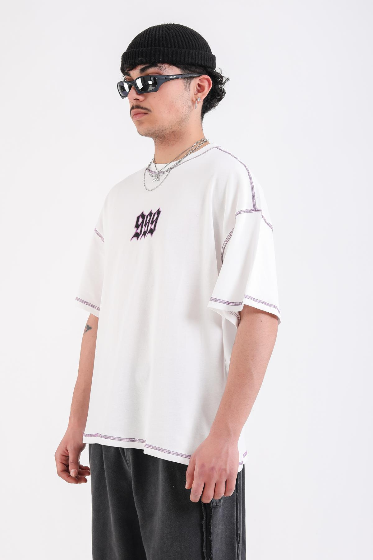 Kontrast Dikiş Baskılı Krem 999 Oversize Tshirt