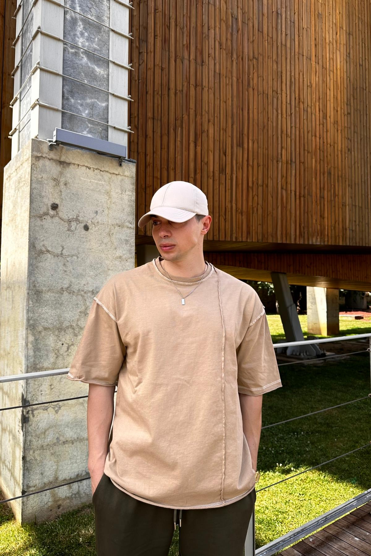 Kontrast Dikiş Detay Açık Kahve Oversize Tshirt T1072