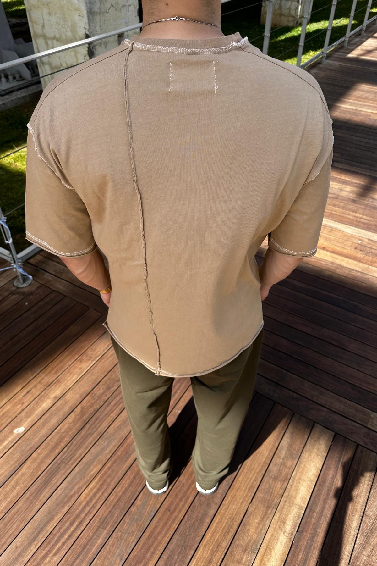 Kontrast Dikiş Detay Açık Kahve Oversize Tshirt T1072