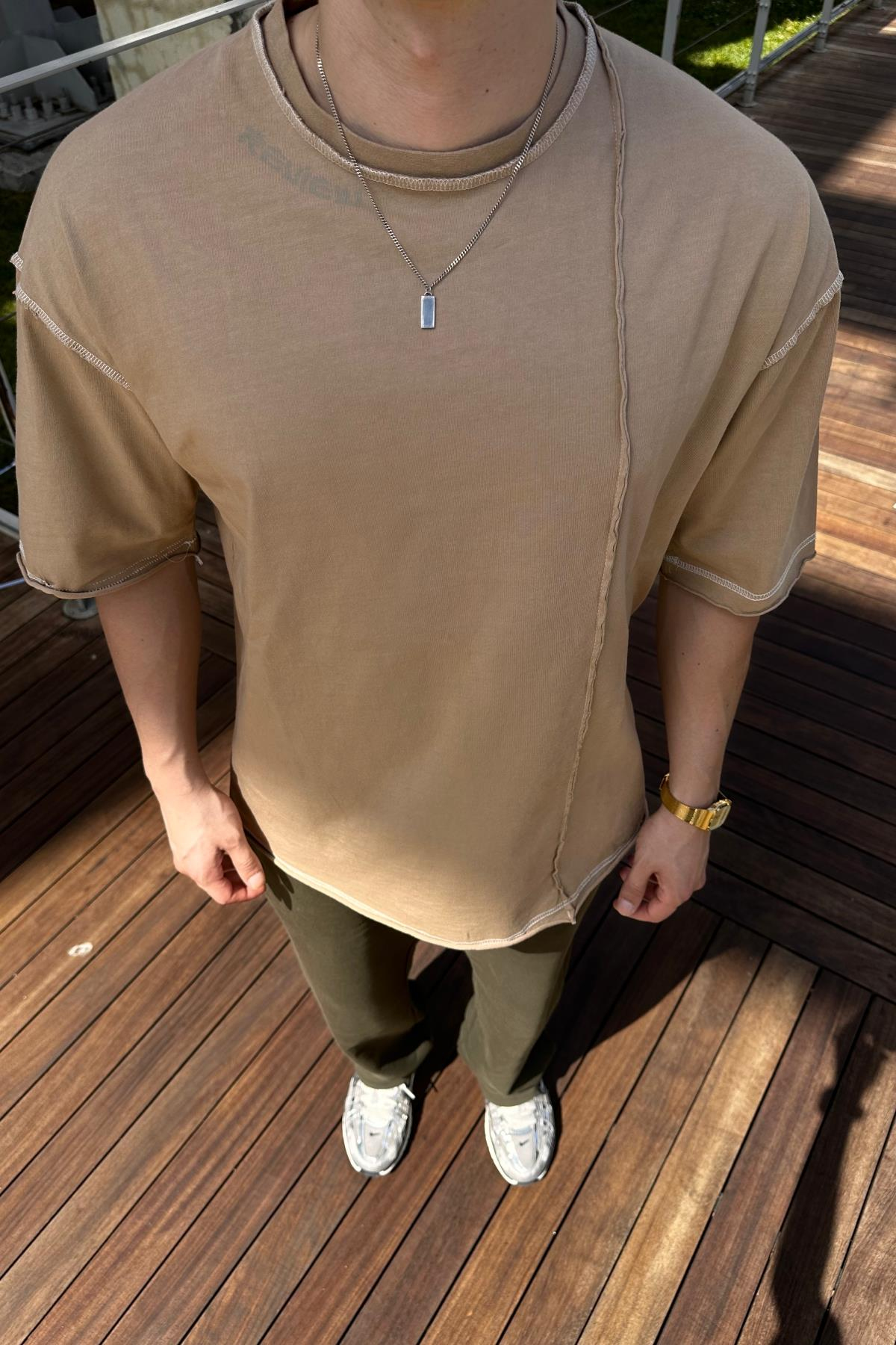 Kontrast Dikiş Detay Açık Kahve Oversize Tshirt T1072