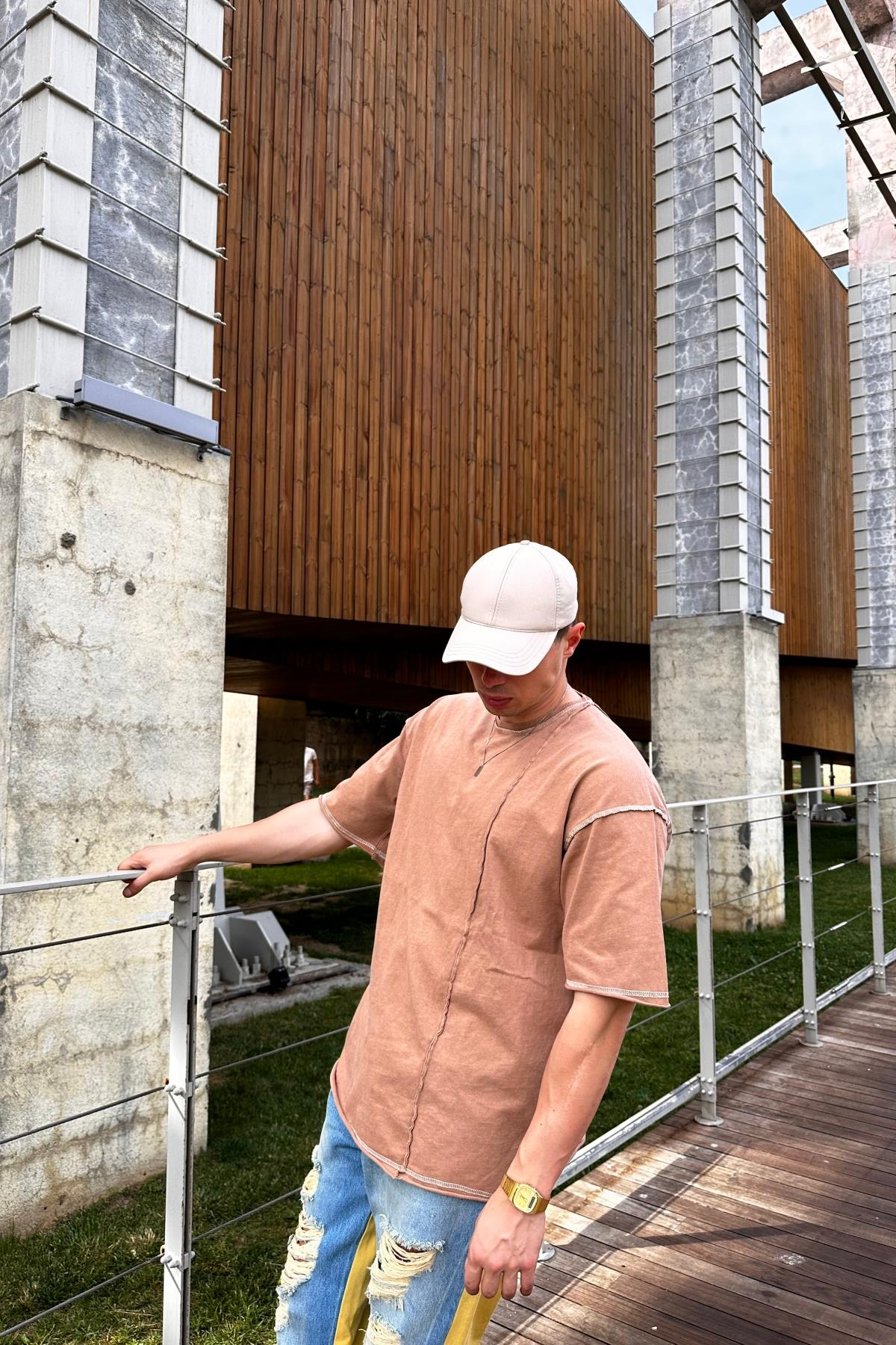 Kontrast Dikiş Detay Kahve Oversize Tshirt T1074