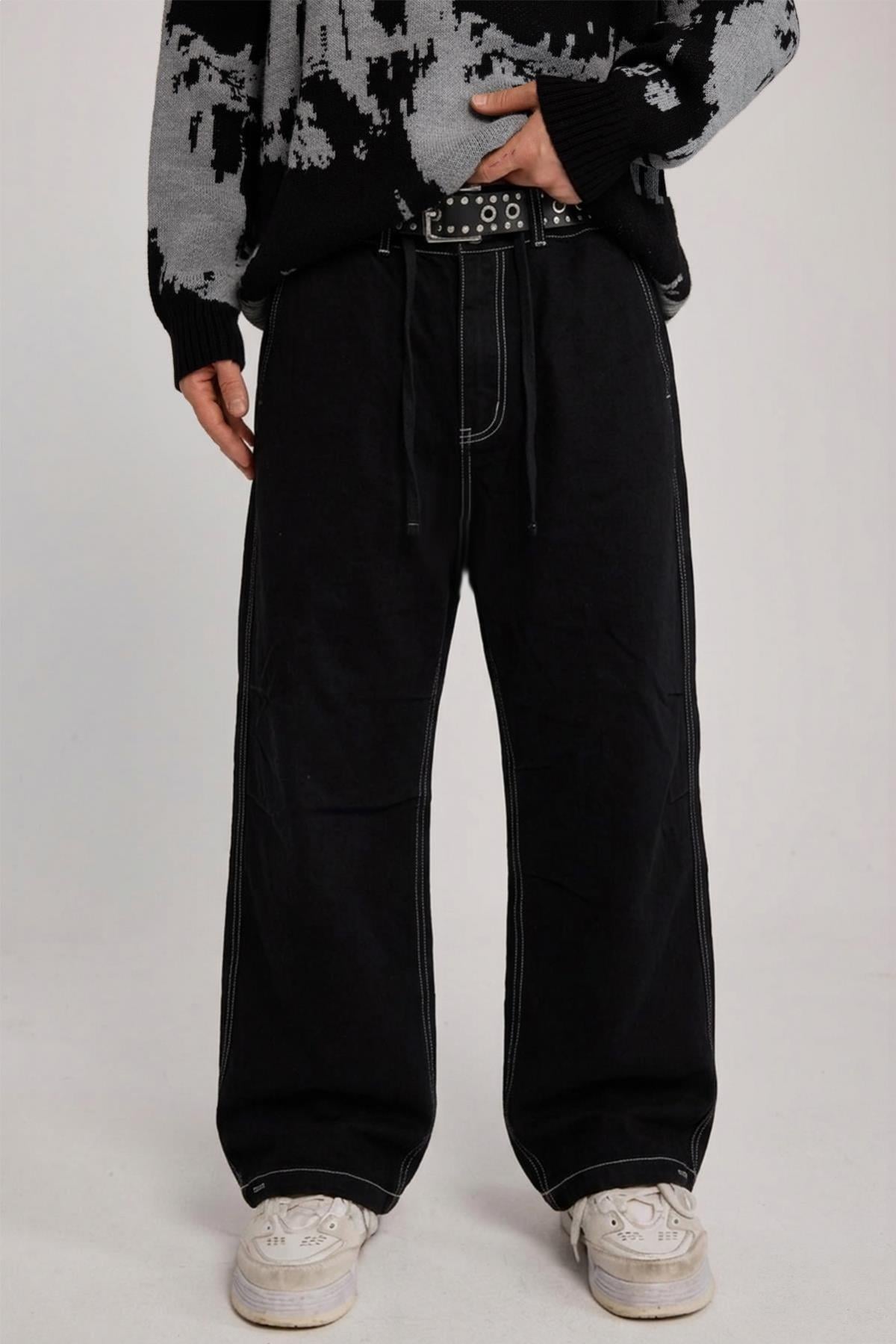 Kontrast Dikiş İnce Kumaş Baggy Jean Pantolon