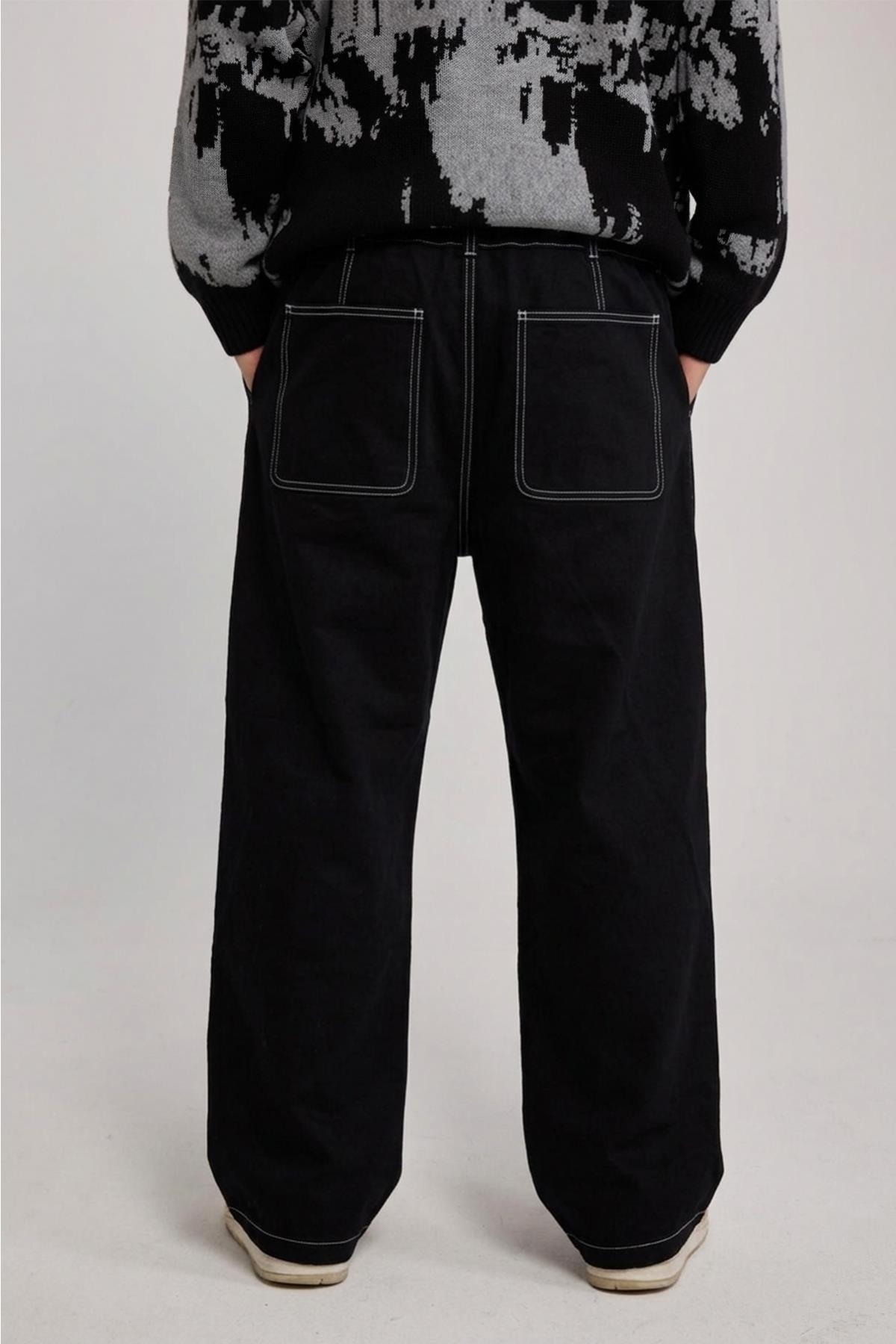 Kontrast Dikiş İnce Kumaş Baggy Jean Pantolon