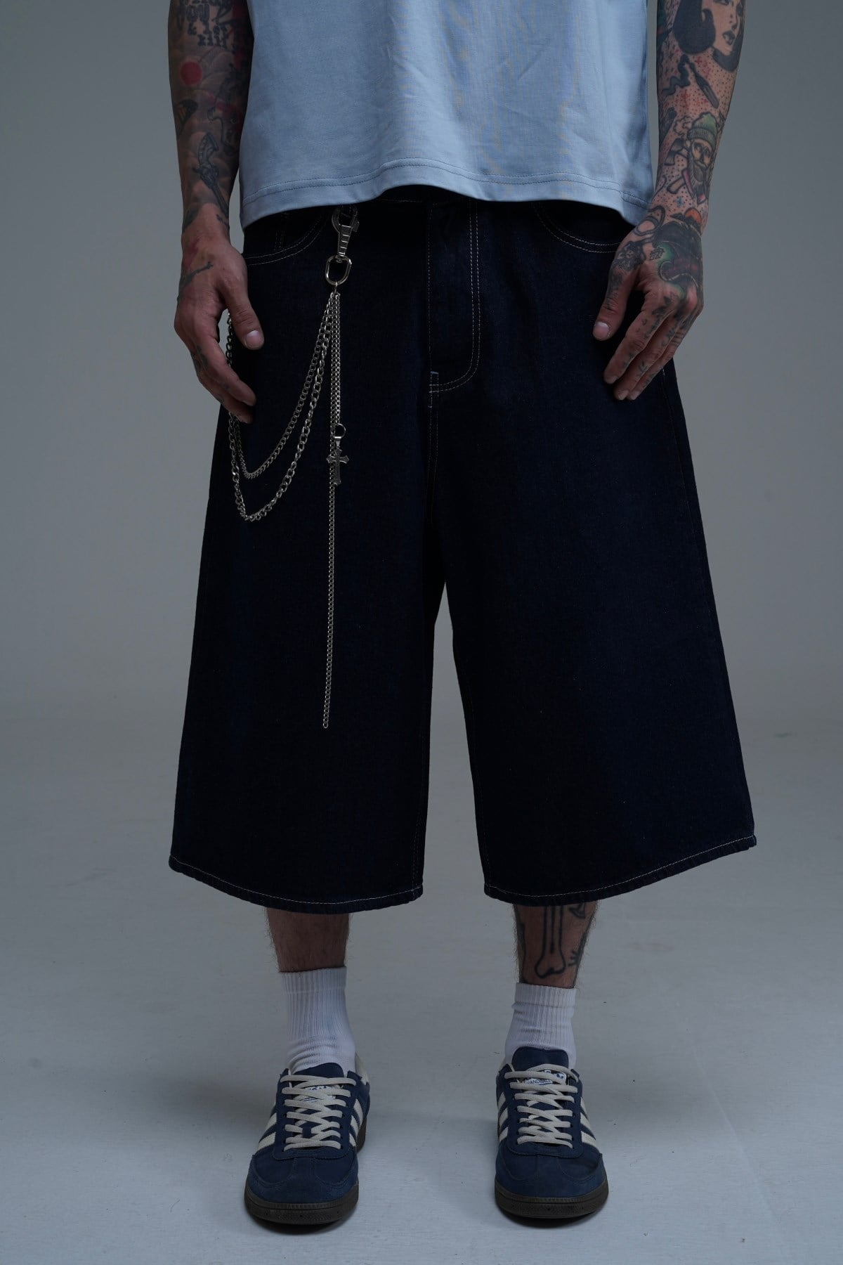 Kontrast Dikiş Lacivert Baggy Jean Şort