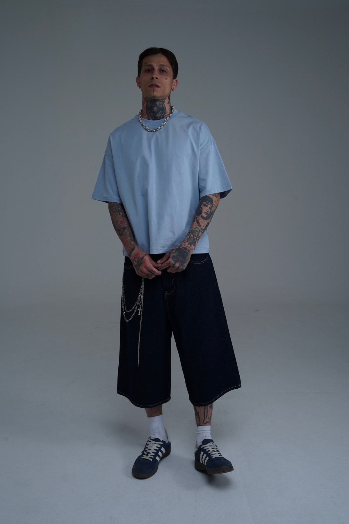 Kontrast Dikiş Lacivert Baggy Jean Şort