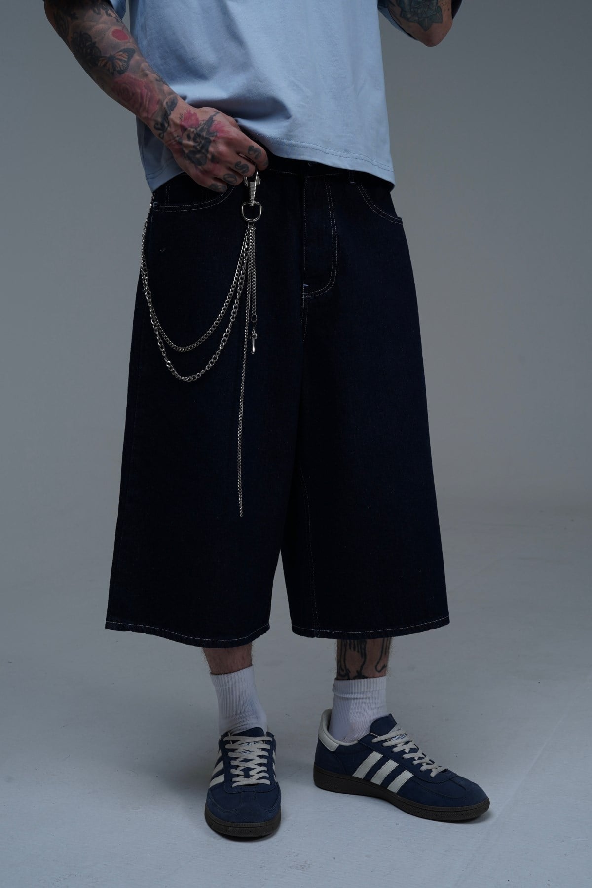 Kontrast Dikiş Lacivert Baggy Jean Şort