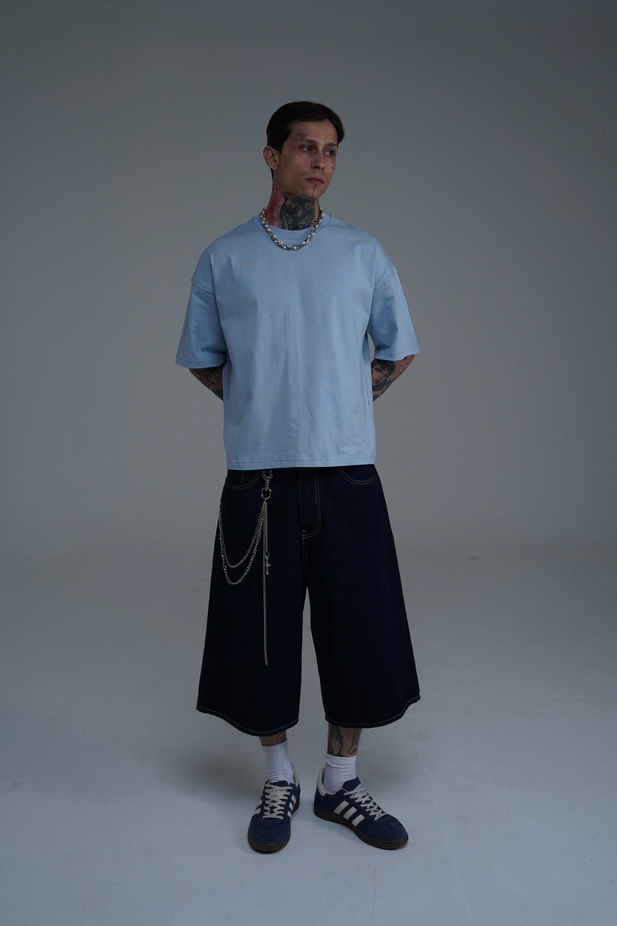 Kontrast Dikiş Lacivert Baggy Jean Şort