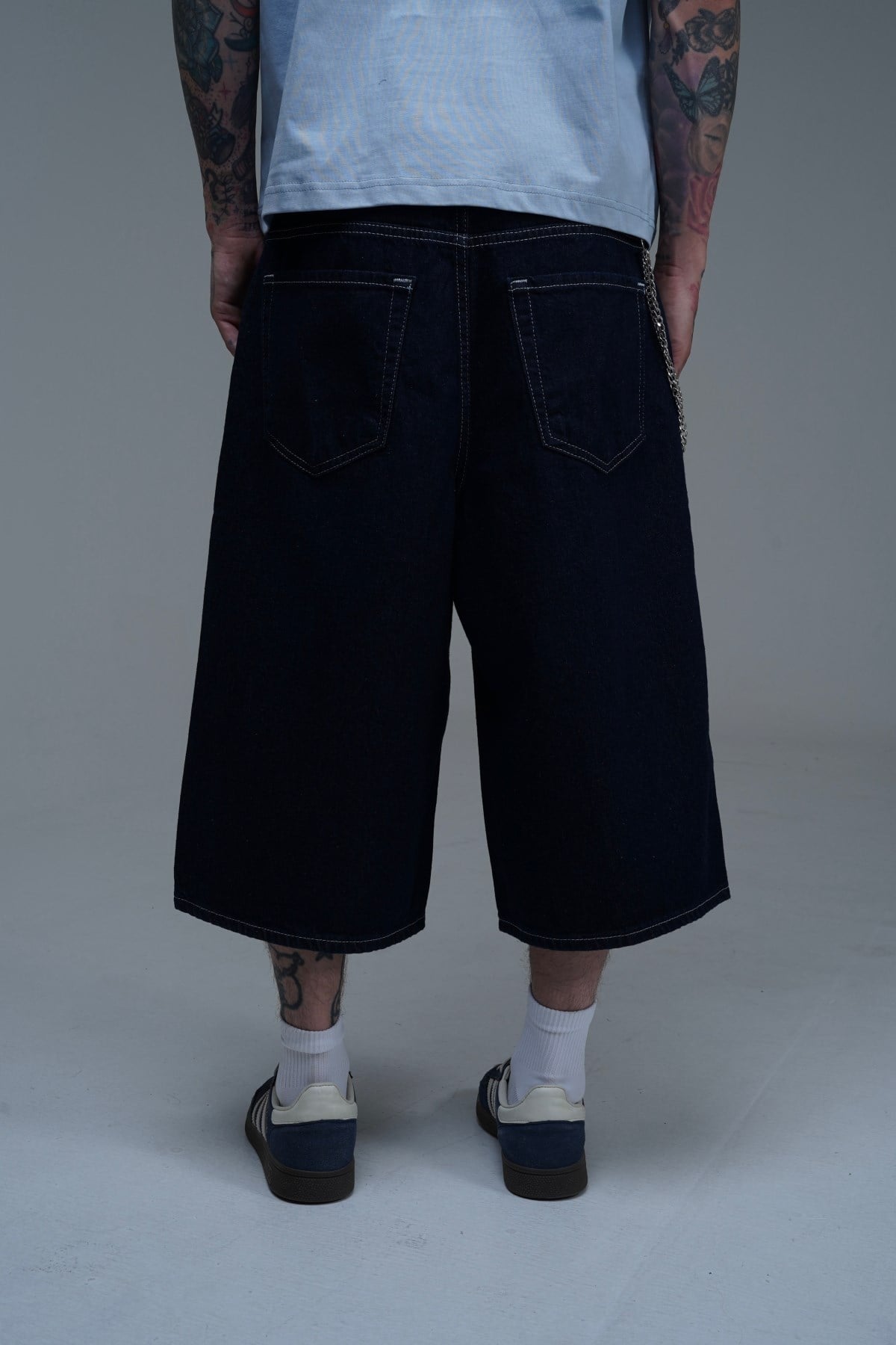 Kontrast Dikiş Lacivert Baggy Jean Şort