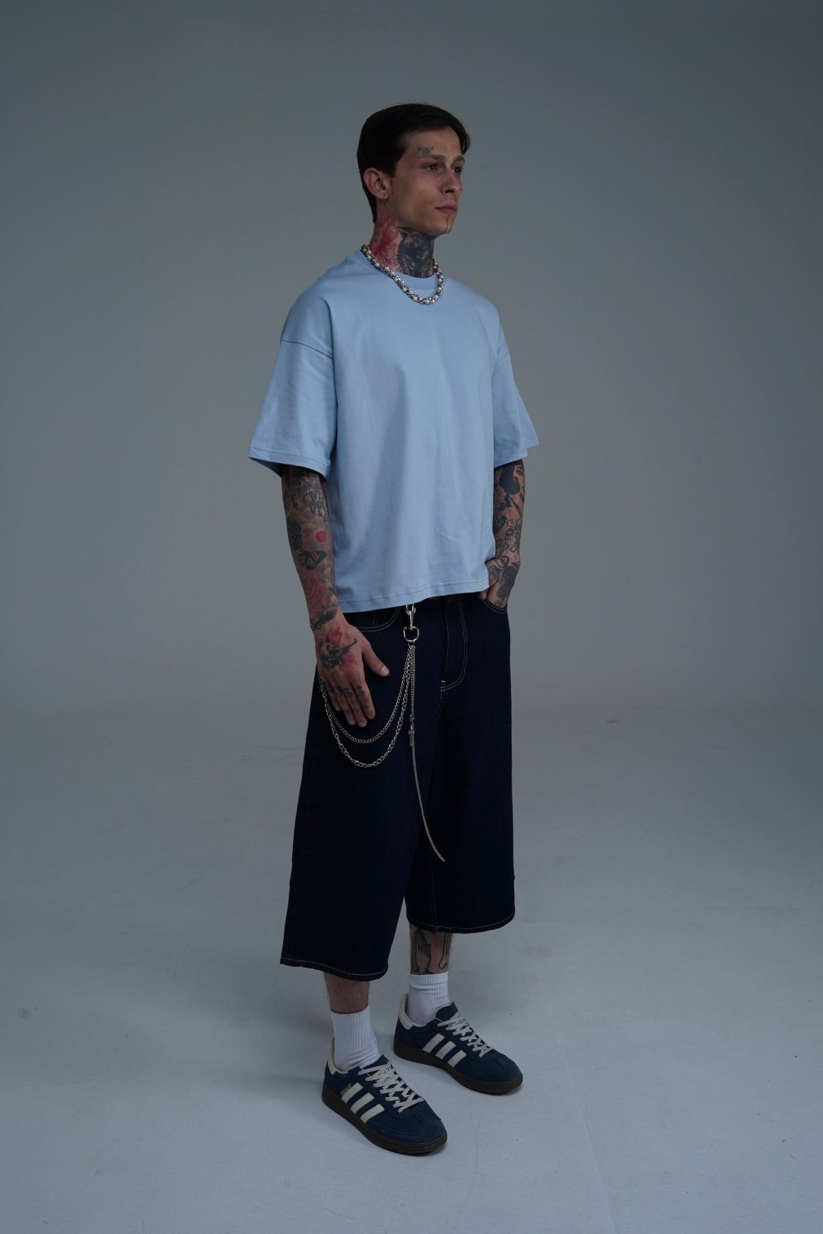 Kontrast Dikiş Lacivert Baggy Jean Şort