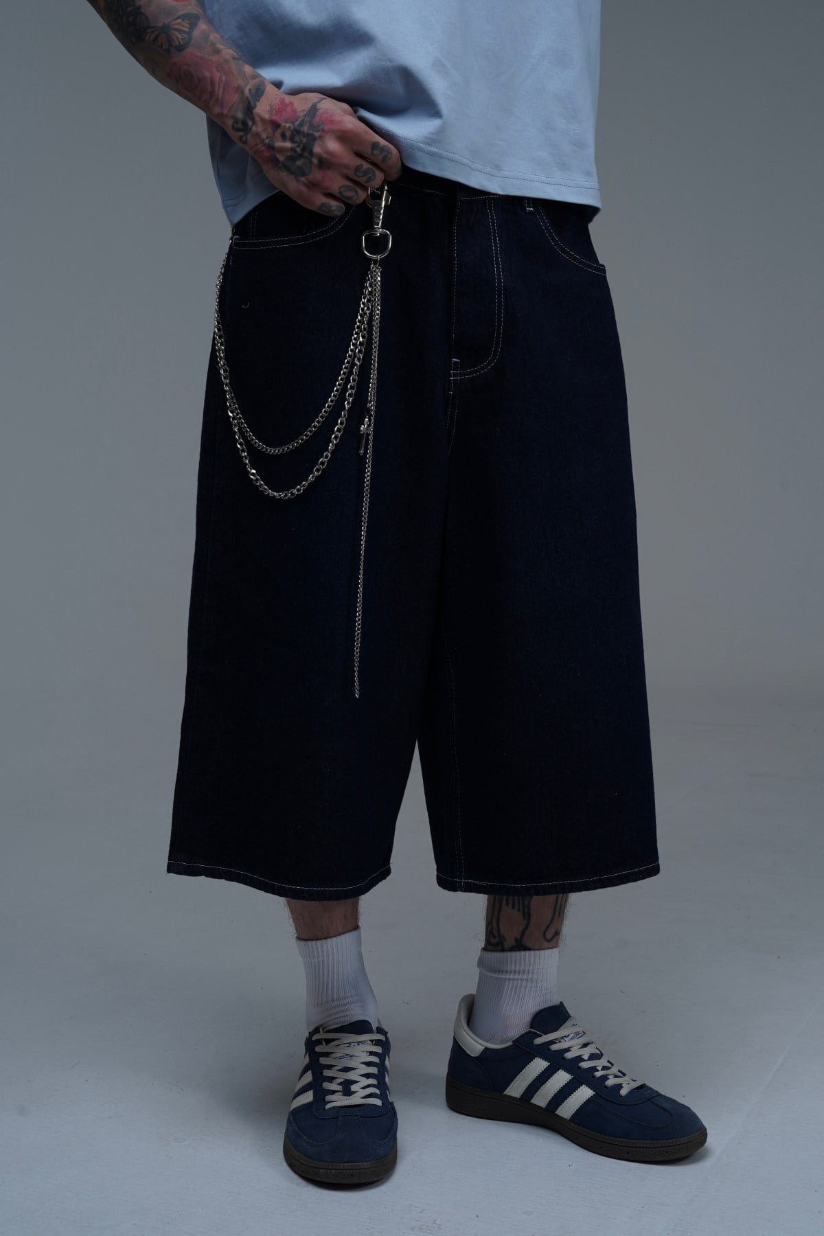 Kontrast Dikiş Lacivert Baggy Jean Şort