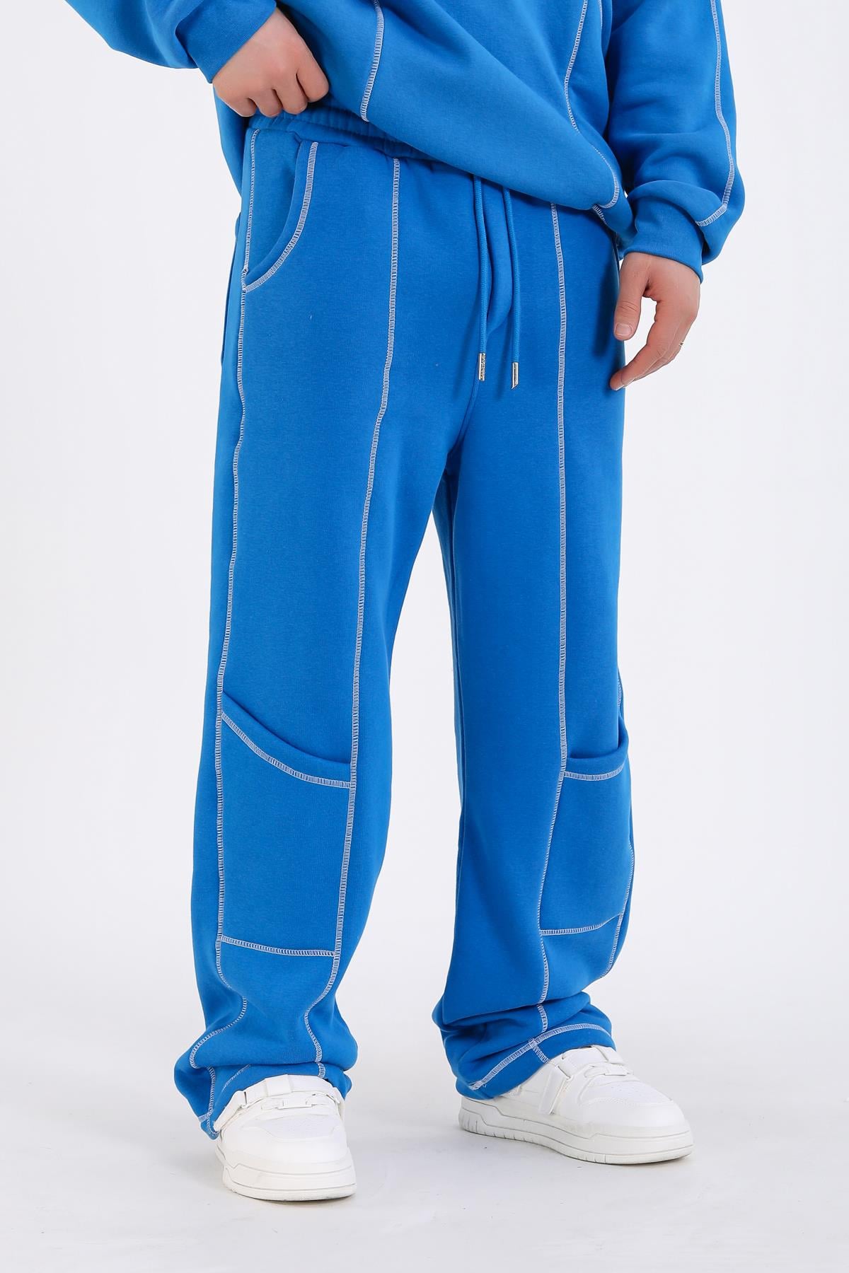 Kontrast Dikiş Mavi Baggy Eşofman ESF575
