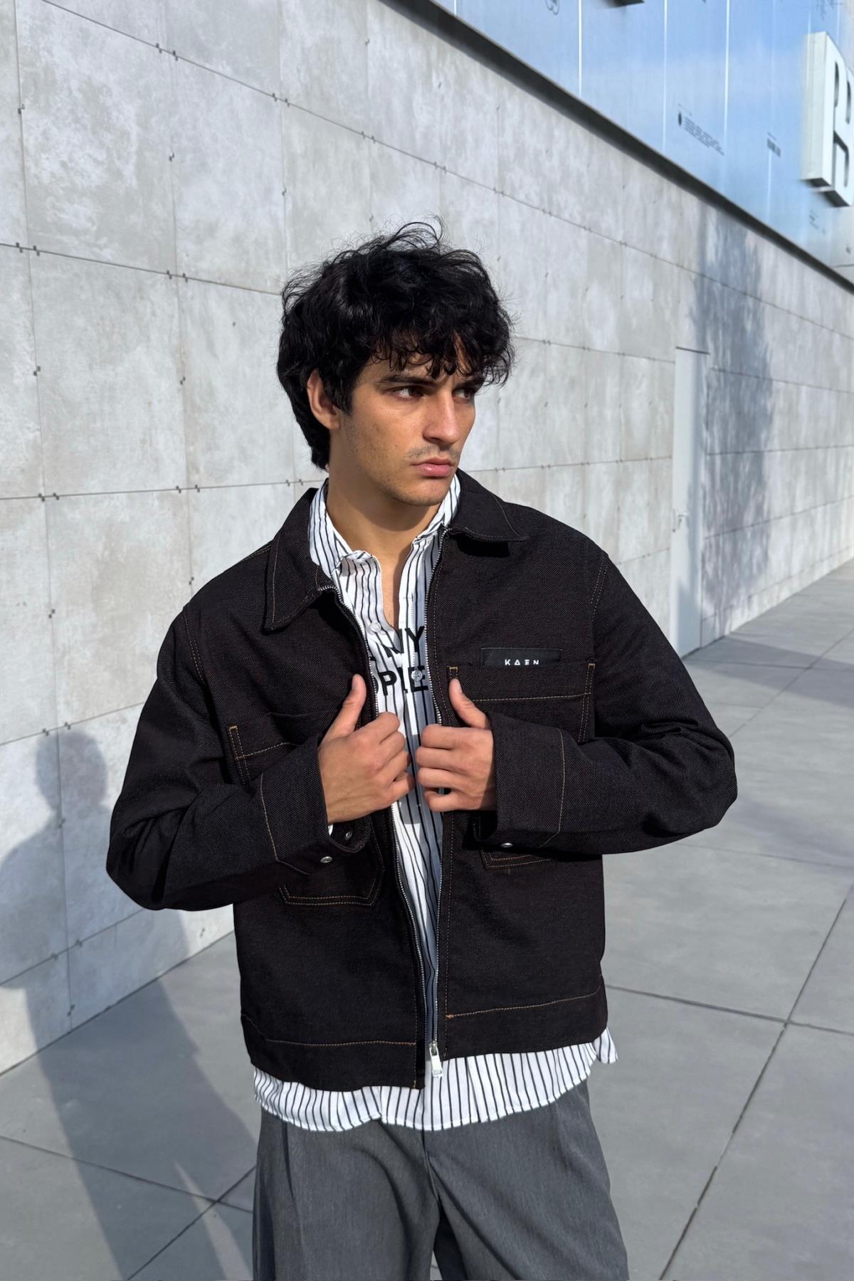 Kontrast Dikiş Siyah Boxy Oversize Jean Ceket KN01